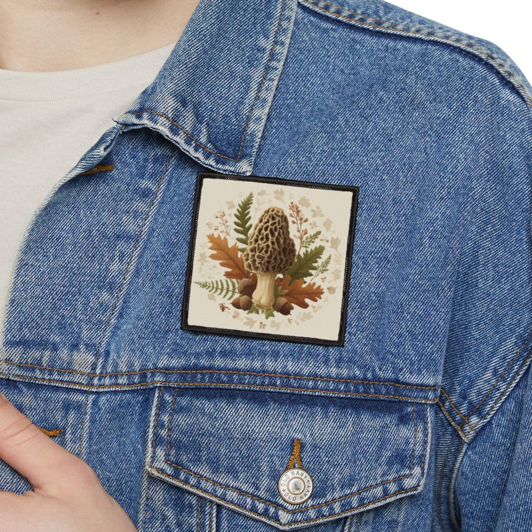 Person wearing a denim jacket with a mushroom patch on a white background