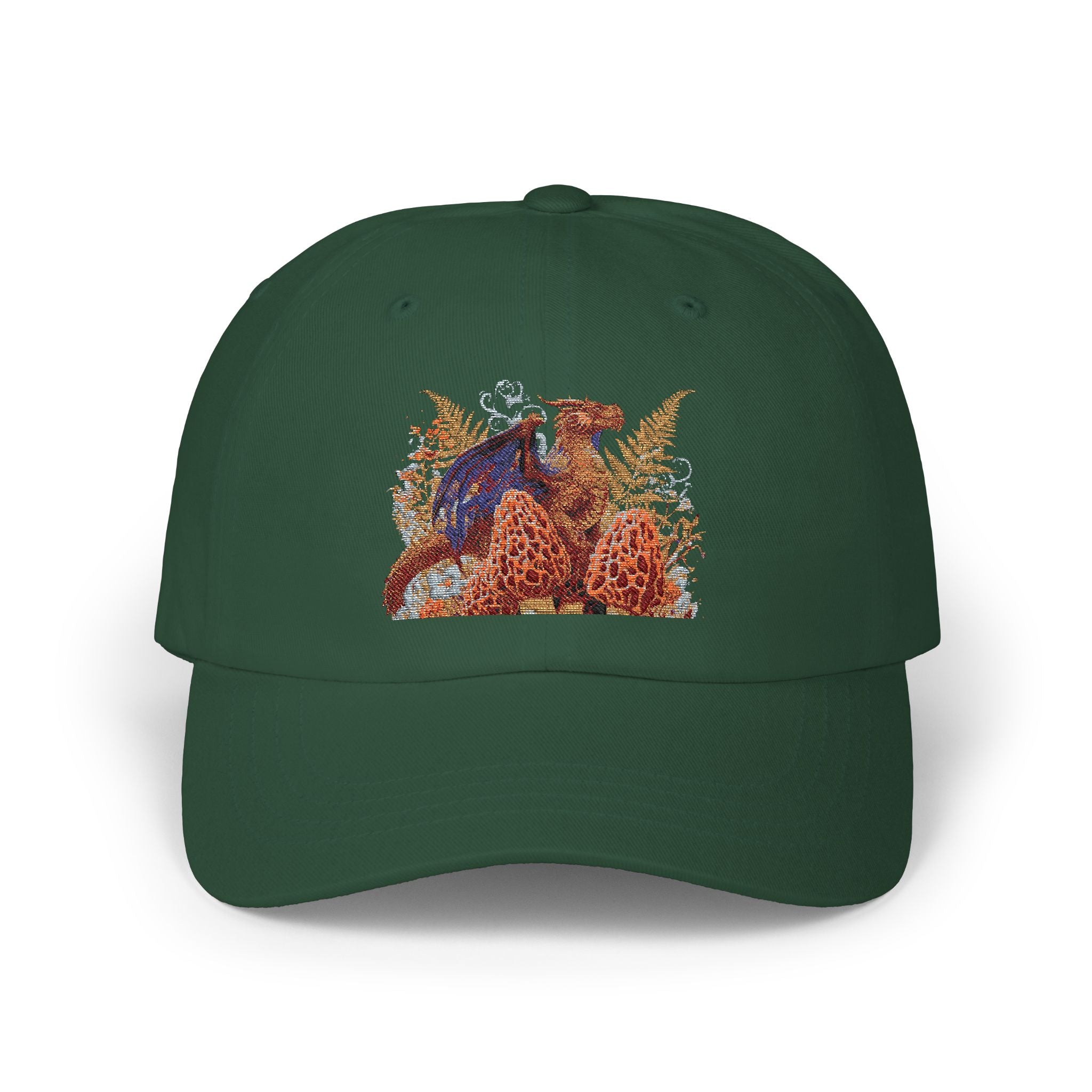 Green cap with embroidered design of a dragon and morel mushroom design on a white background