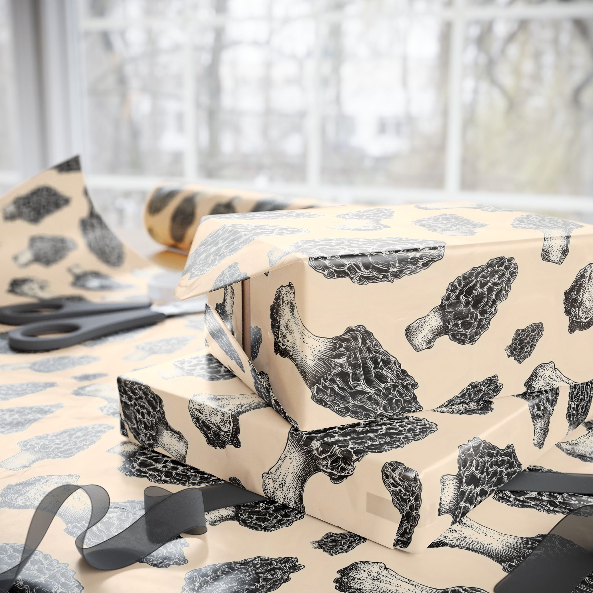 Tattoo-Style Morel Mushroom Wrapping Paper | Native Morels™