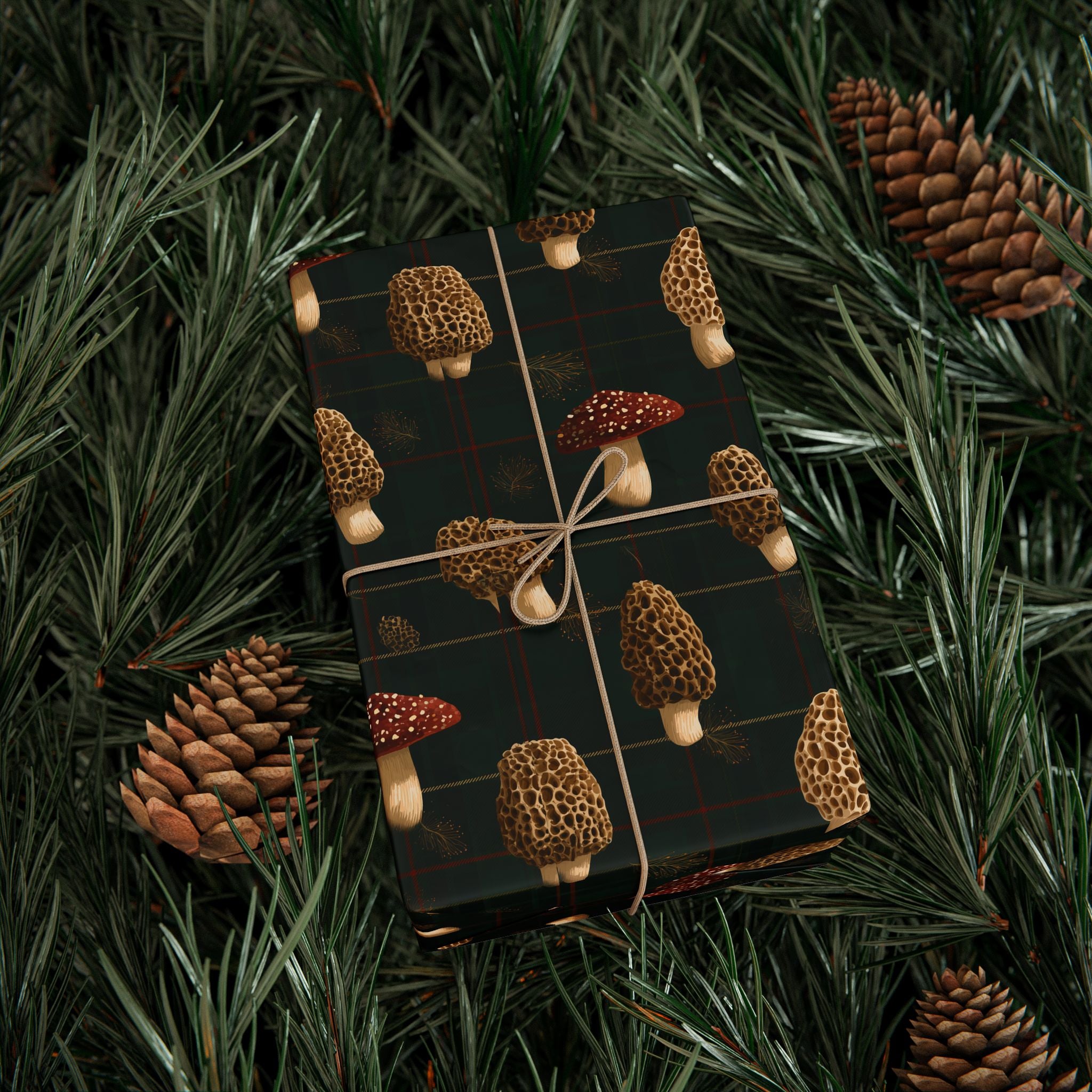 Christmas Plaid Morel & Woodland Mushroom Wrapping Paper | Native Morels™