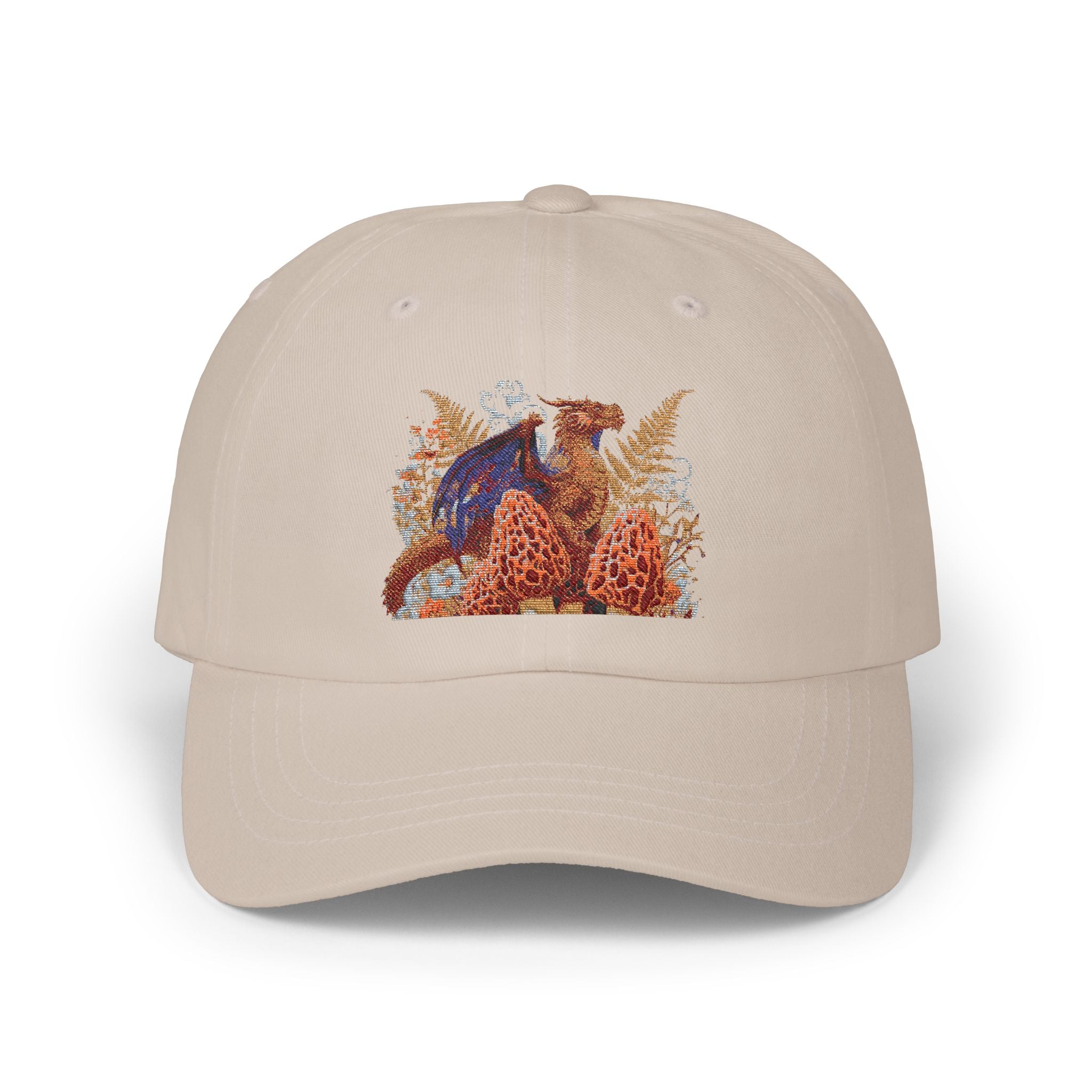 Beige cap with a dragon and morel mushroom design on a white background