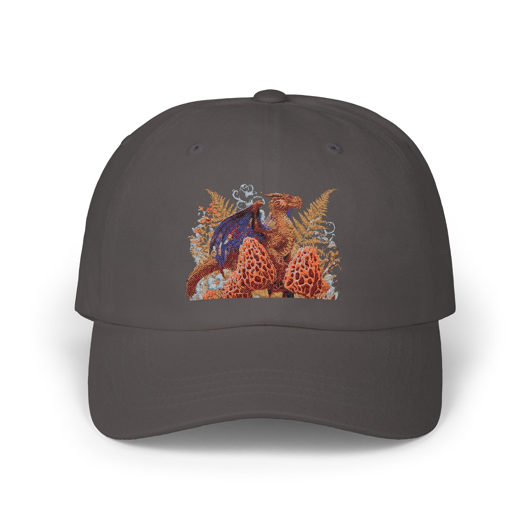 Dark gray cap with a colorful dragon and morel mushroom design on a white background