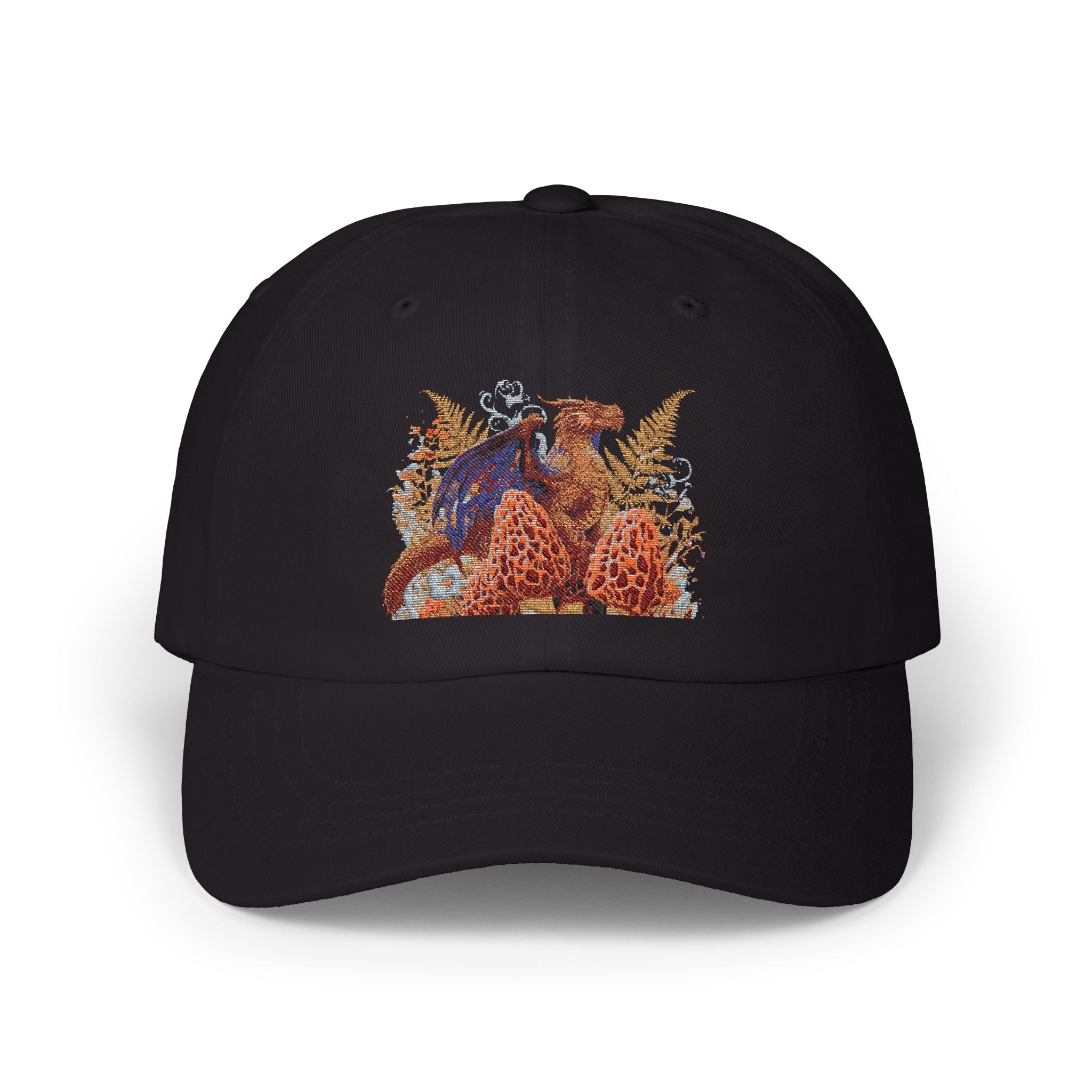 Black cap with a colorful dragon and morel mushroom design on a white background
