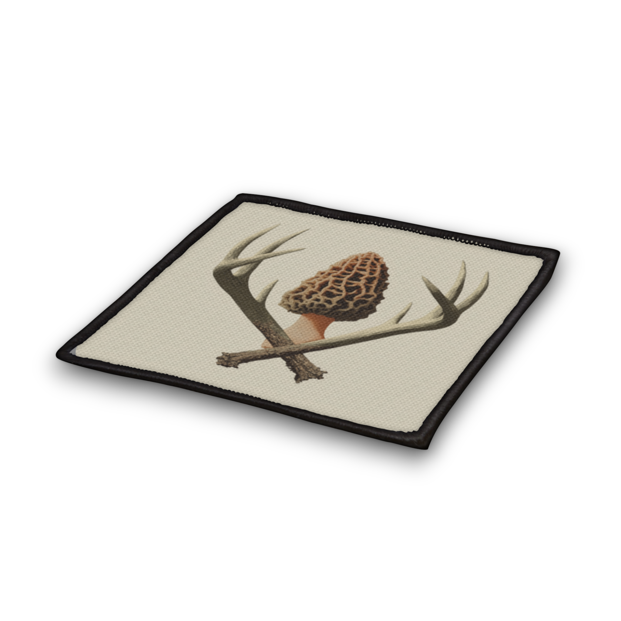 Patch with mushroom and antler design on a beige background