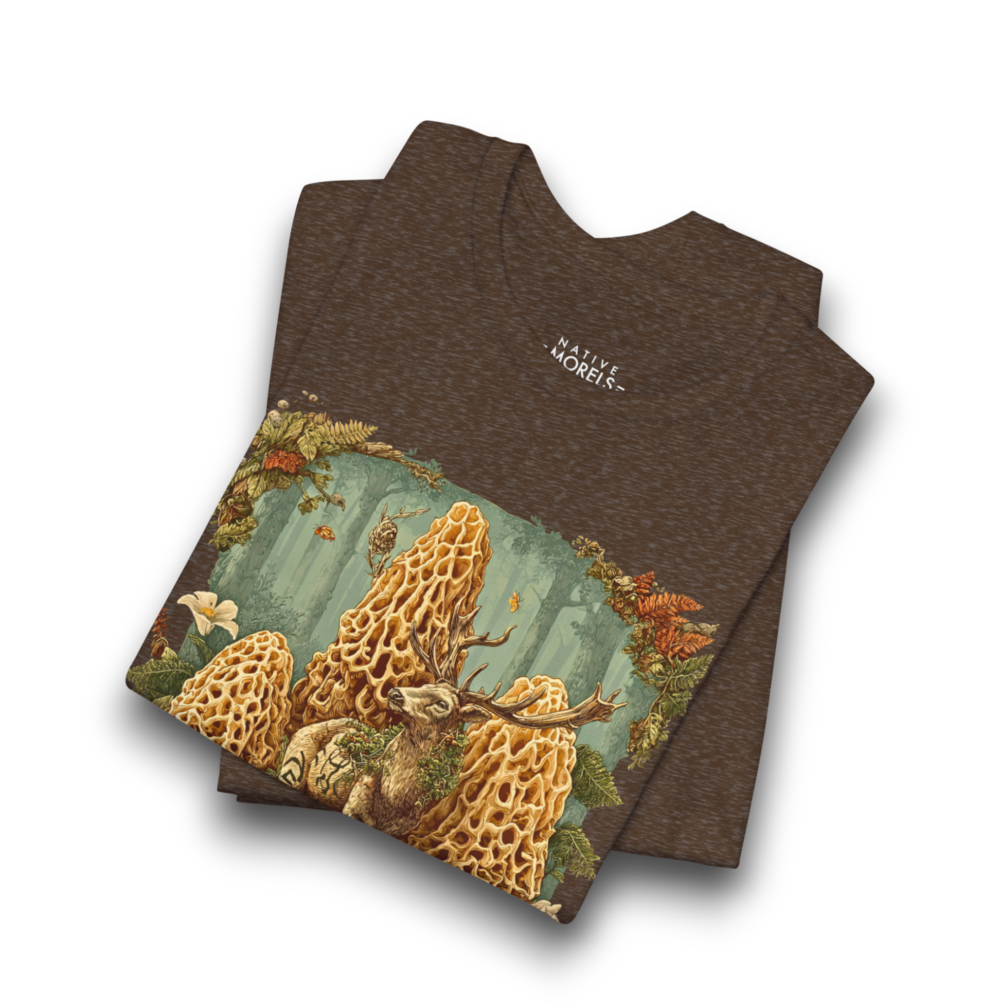Folded brown t-shirt with forest design and 'Nature's Lodges' logo on a white background