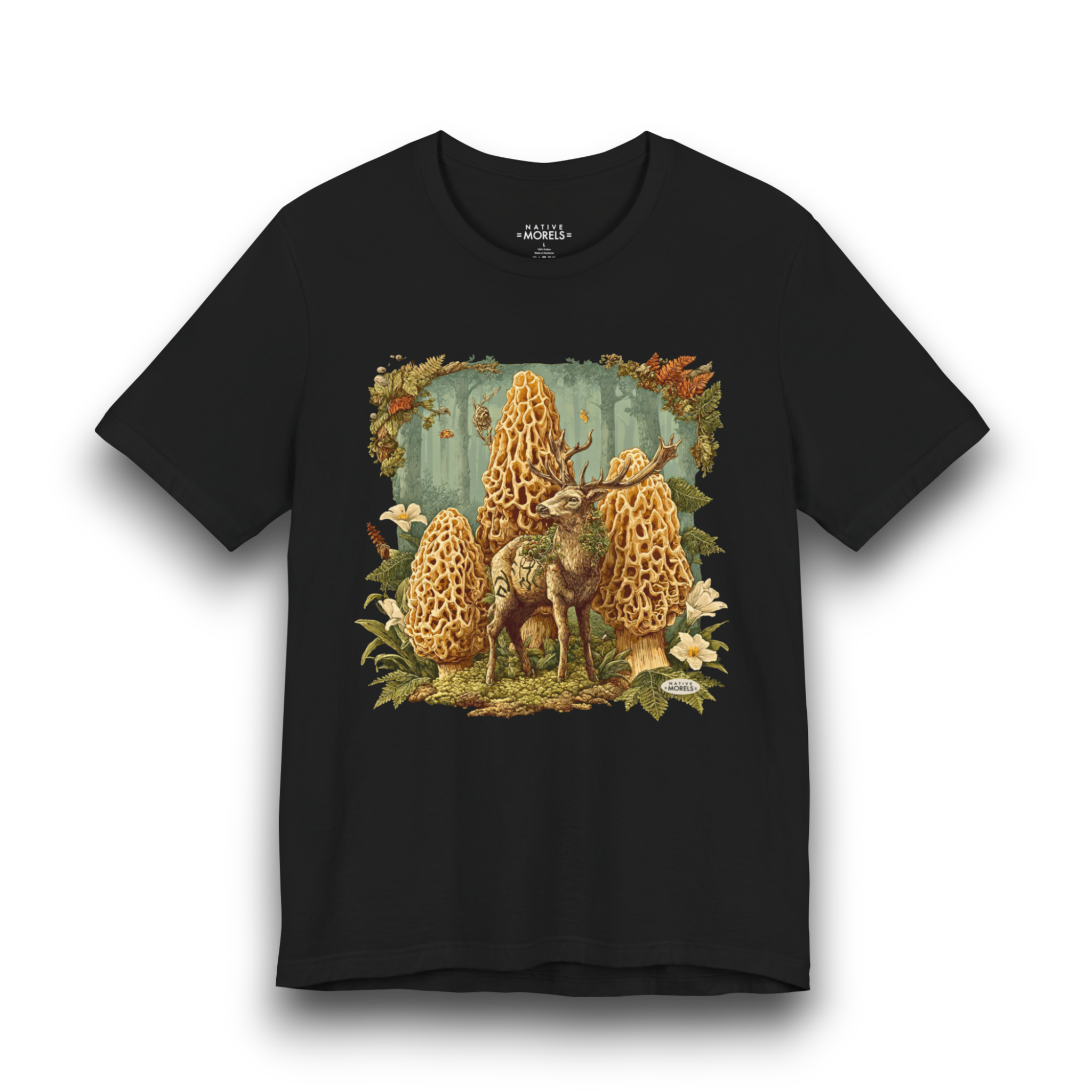 Black t-shirt with a forest-themed graphic featuring deer and mushrooms on a white background.