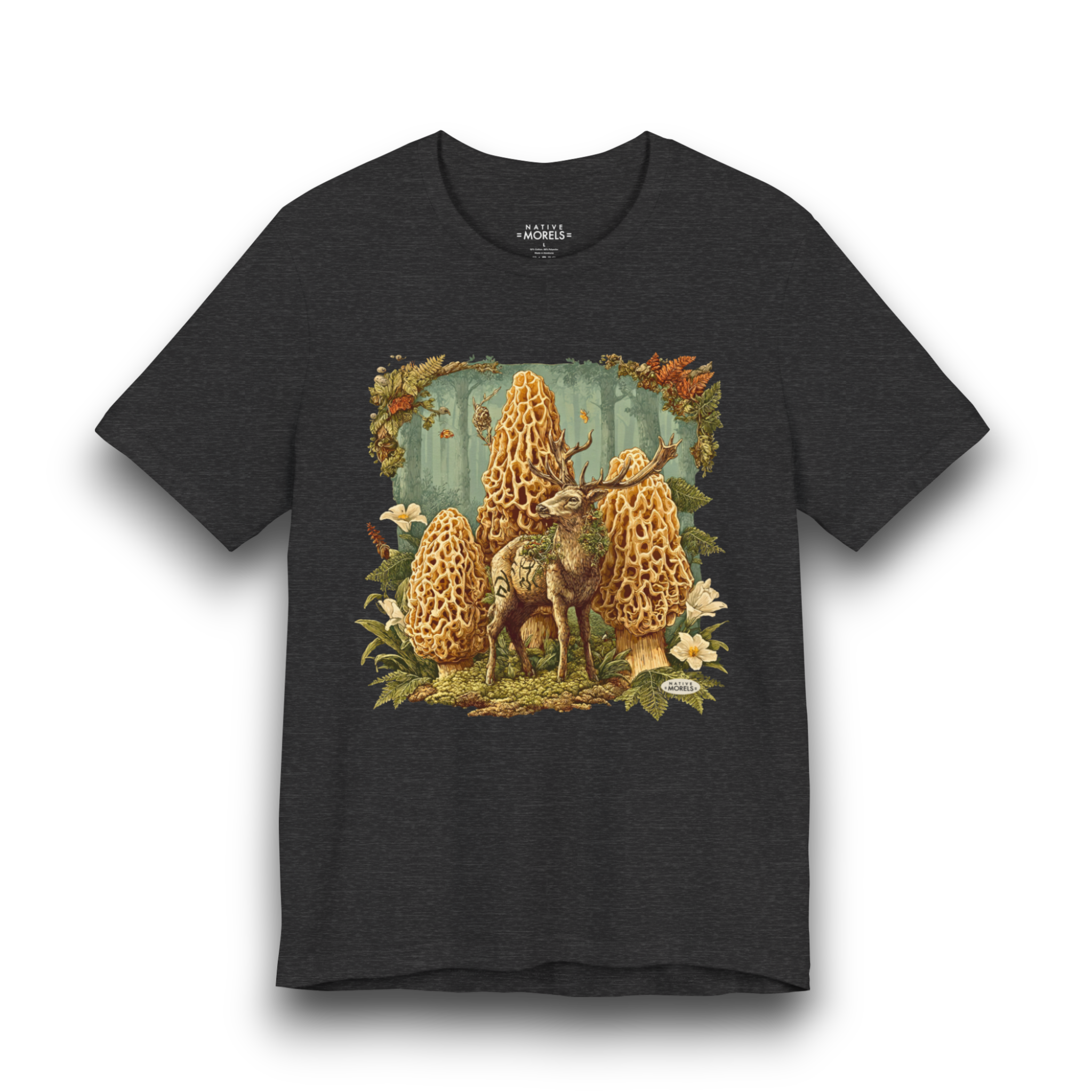 Black t-shirt with a forest-themed graphic featuring mushrooms and a deer on a white background.