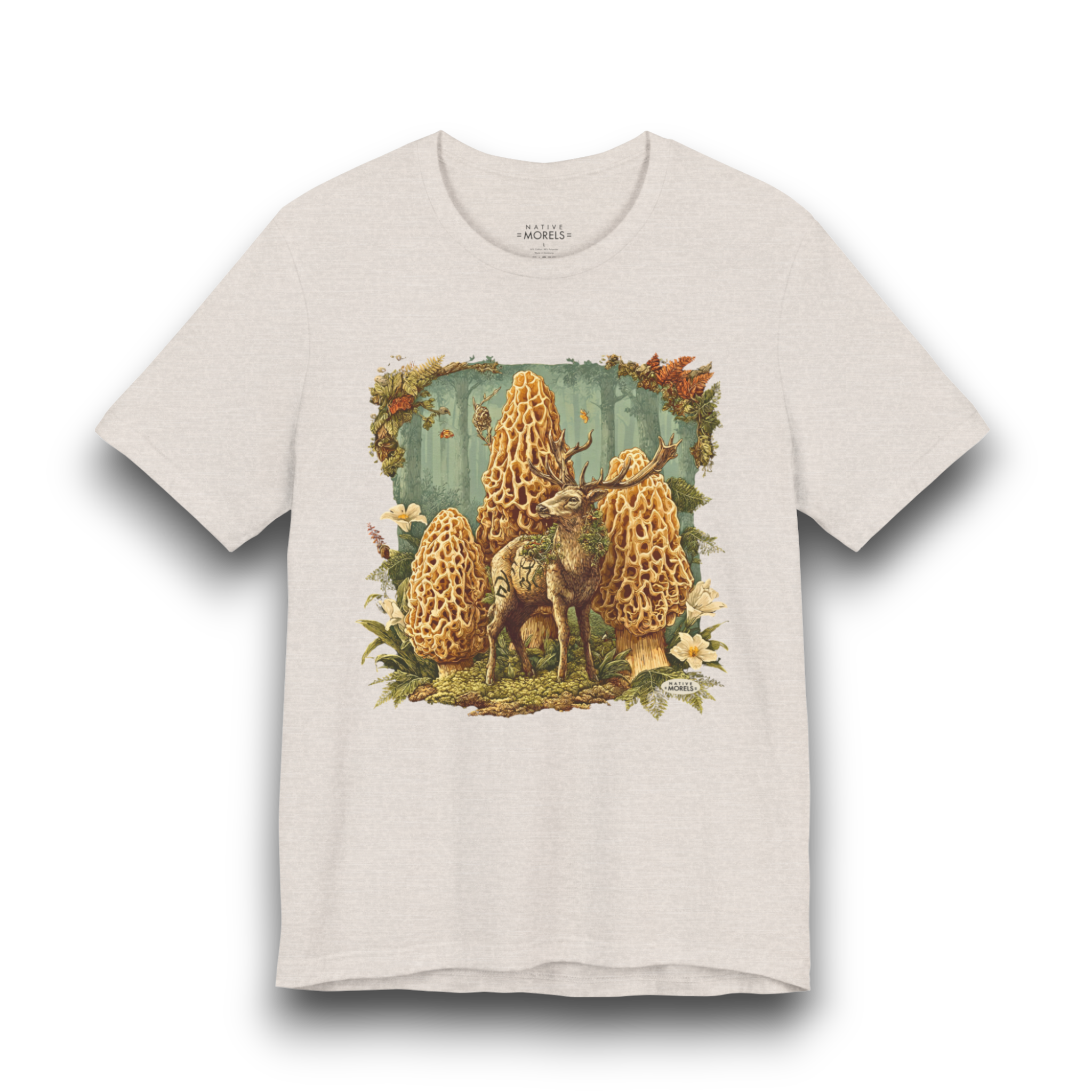 Beige t-shirt with a forest graphic featuring mushrooms and a deer on a white background