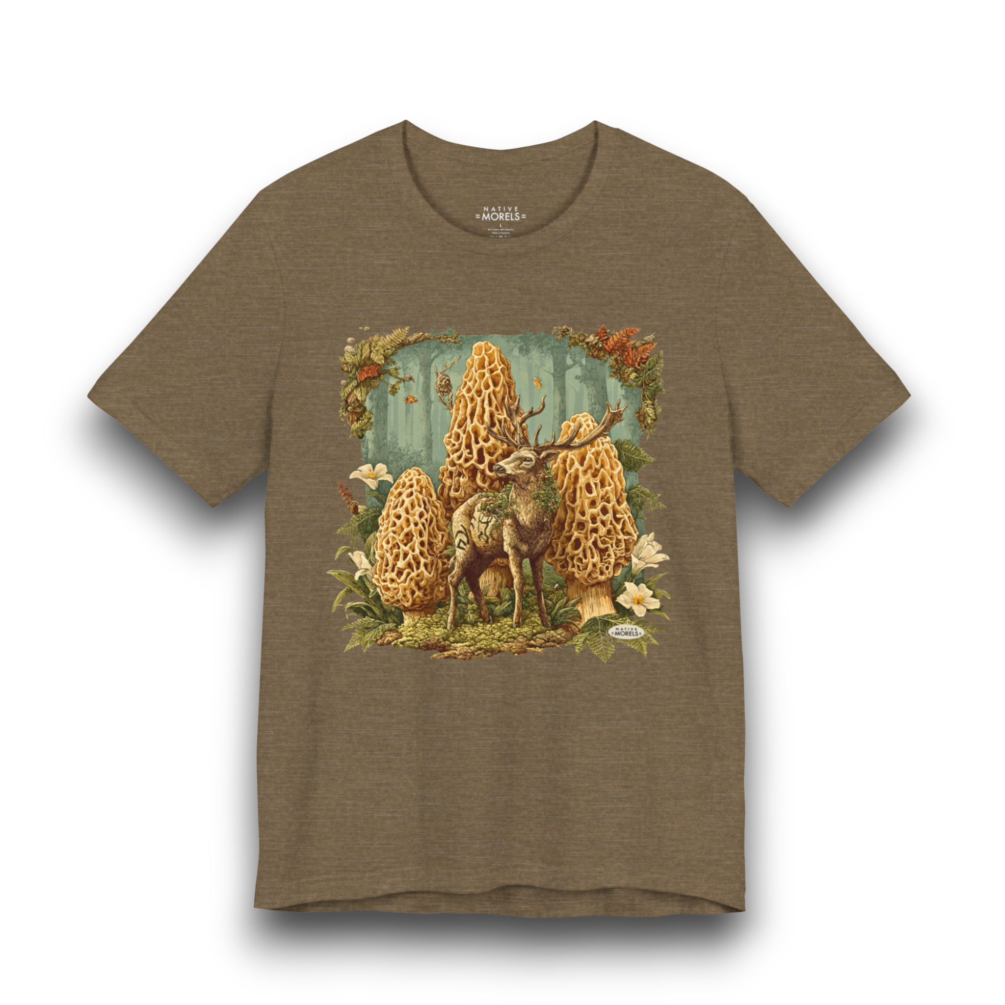 Brown t-shirt with a nature-themed graphic of a deer and mushrooms on a white background