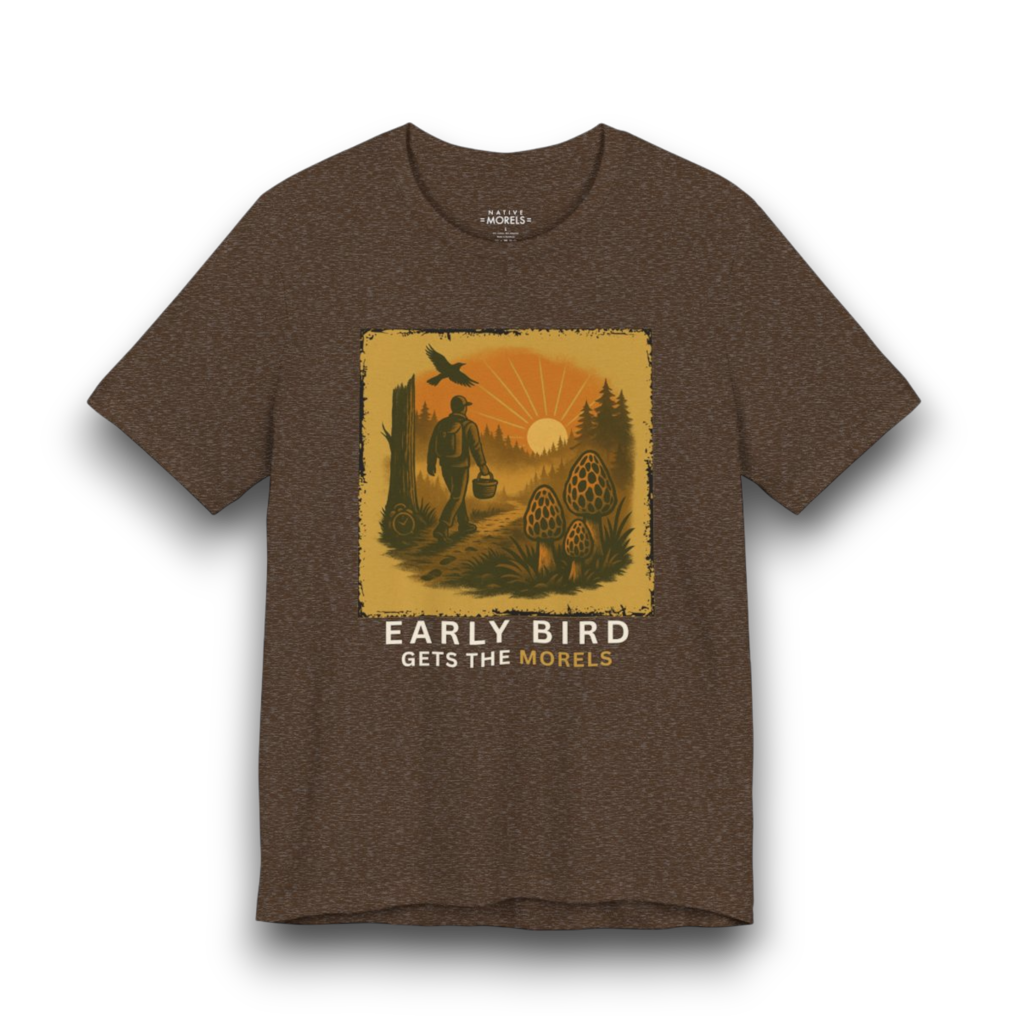 “Early Bird Gets the Morel” Funny Sunrise Forager Tee | Native Morels™