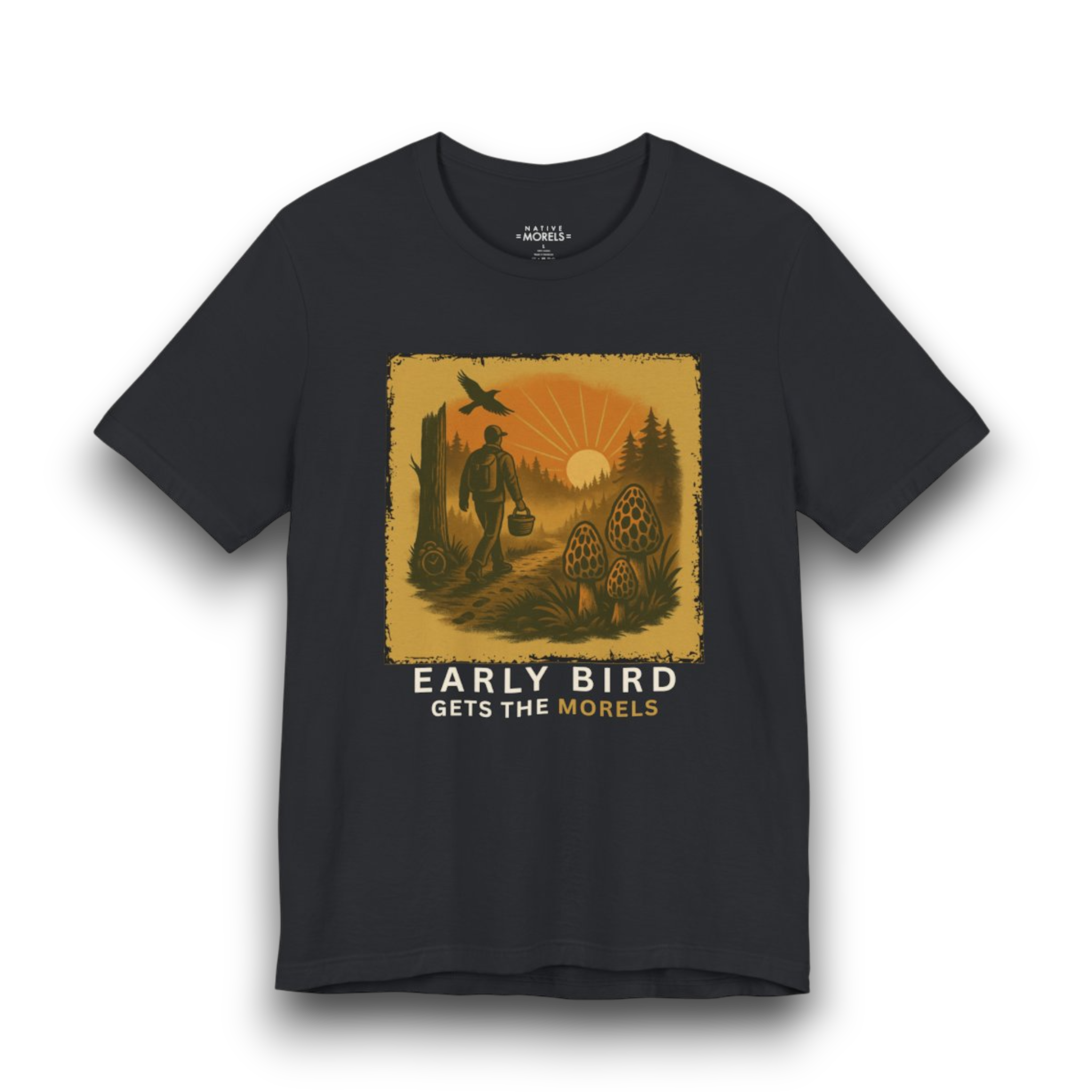 “Early Bird Gets the Morel” Funny Sunrise Forager Tee | Native Morels™