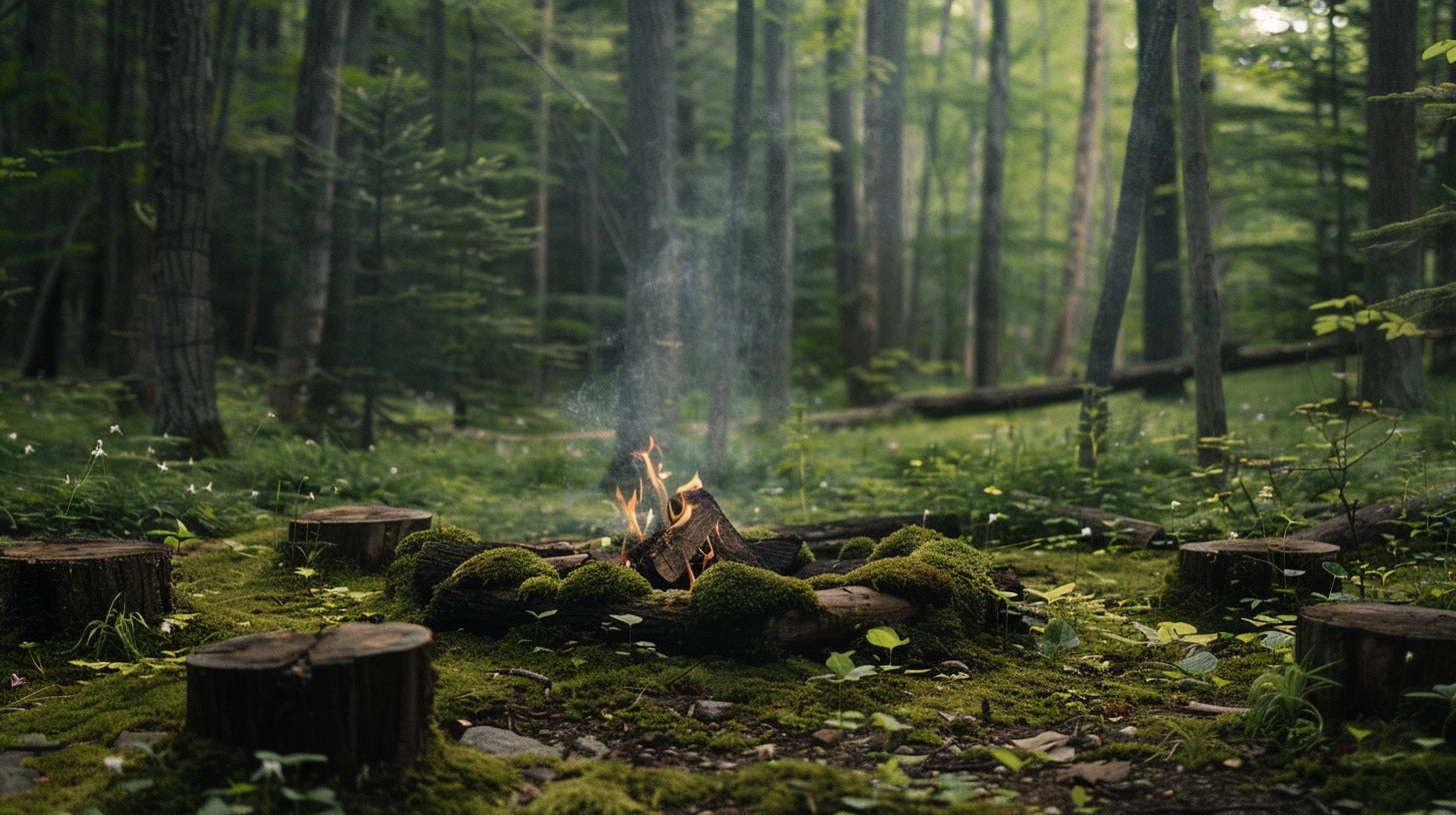 Rustic campfire surrounded by mossy logs in a lush spring hardwood forest clearing — symbol of forager community.