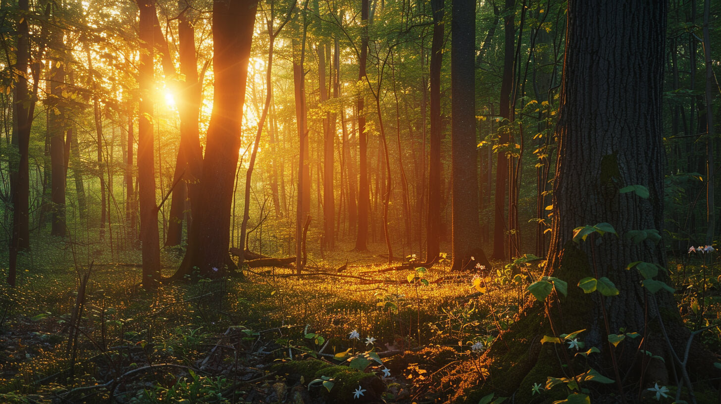 Calm spring hardwood forest with warm sunrise light, mossy forest floor and trillium wildflowers, perfect for story text overlay.