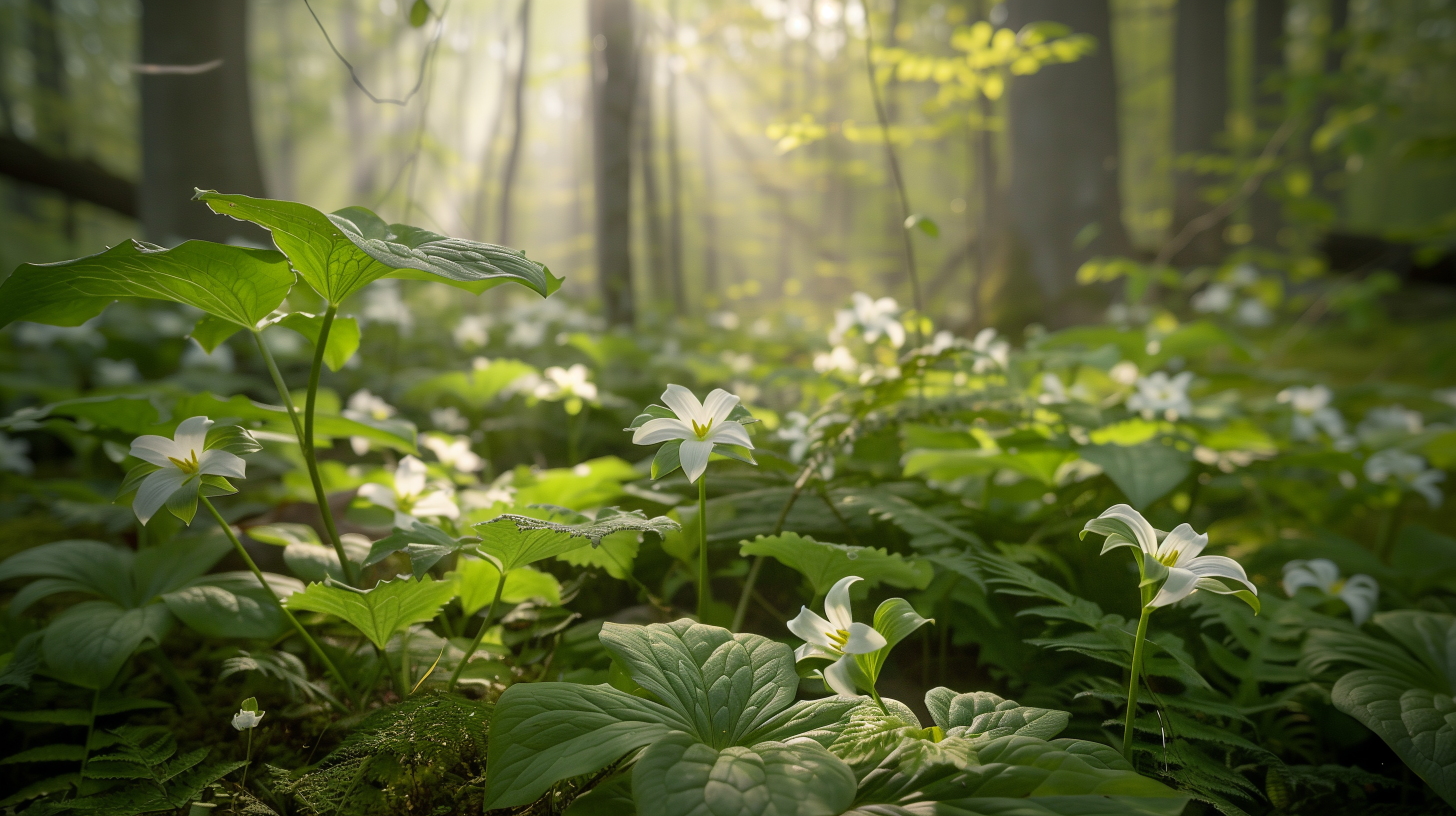 Spring hardwood forest floor with trillium wildflowers blooming in sunlight, fresh green plants, peaceful wild foraging vibe.