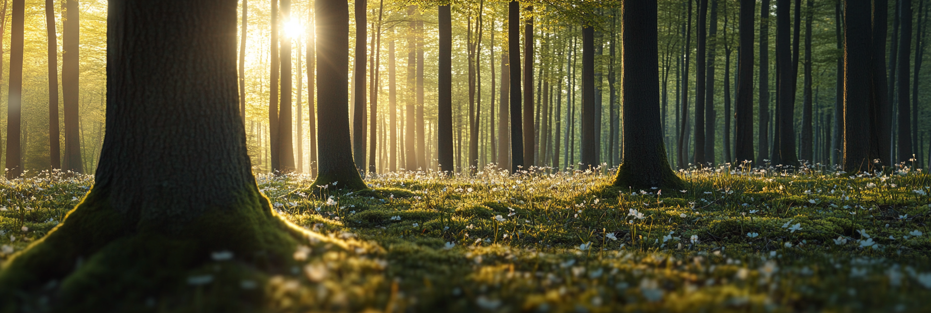 Sunlight filtering through trees in a forest