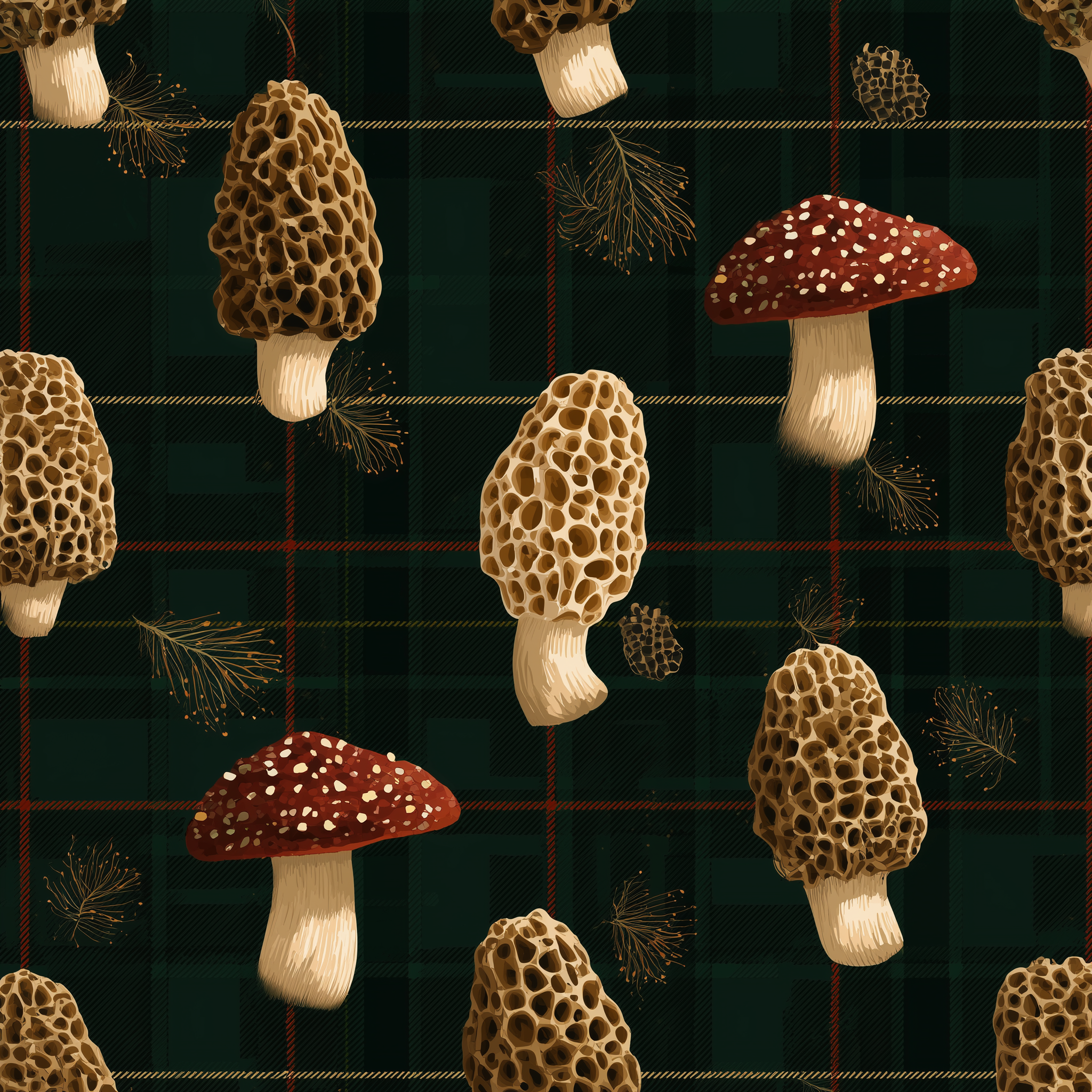 Christmas Plaid Morel & Woodland Mushroom Wrapping Paper | Native Morels™