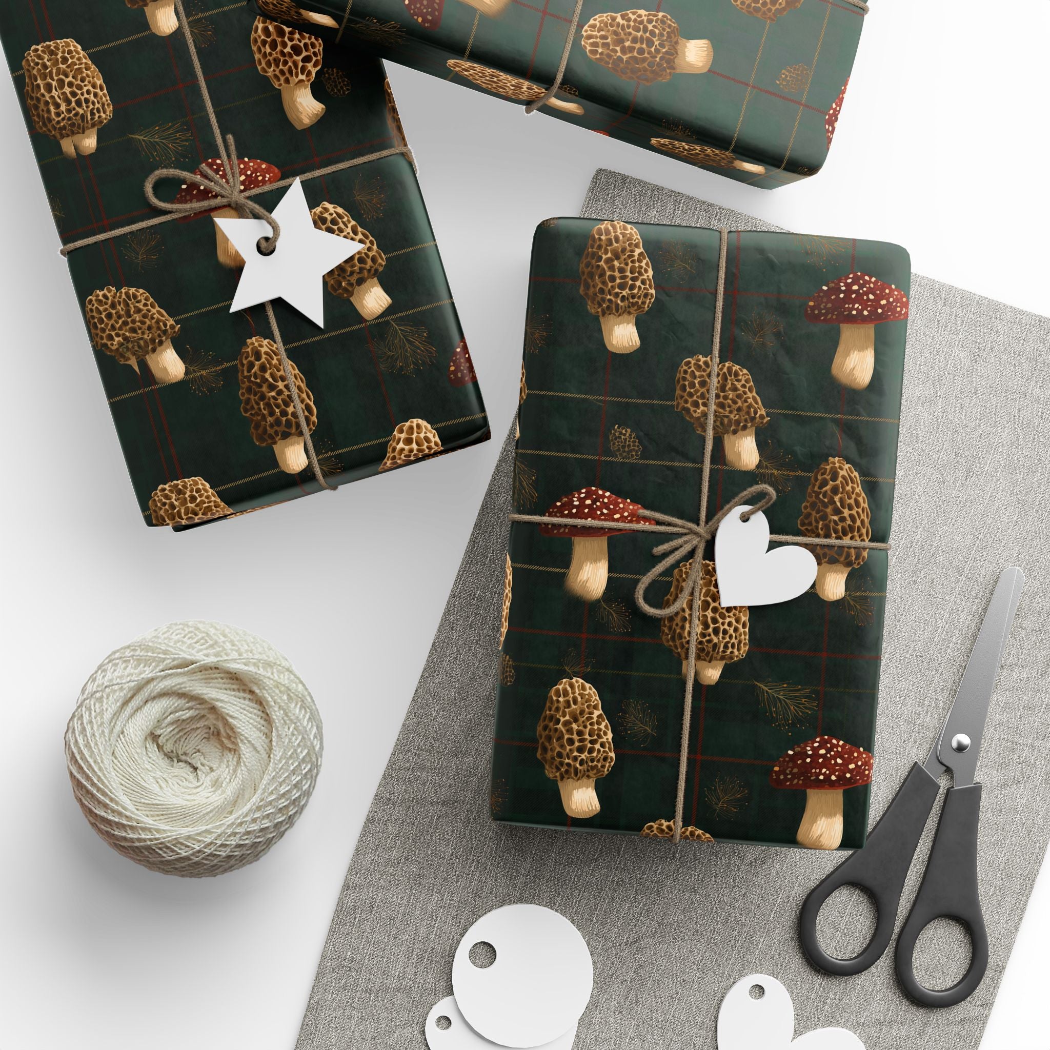 Christmas Plaid Morel & Woodland Mushroom Wrapping Paper | Native Morels™