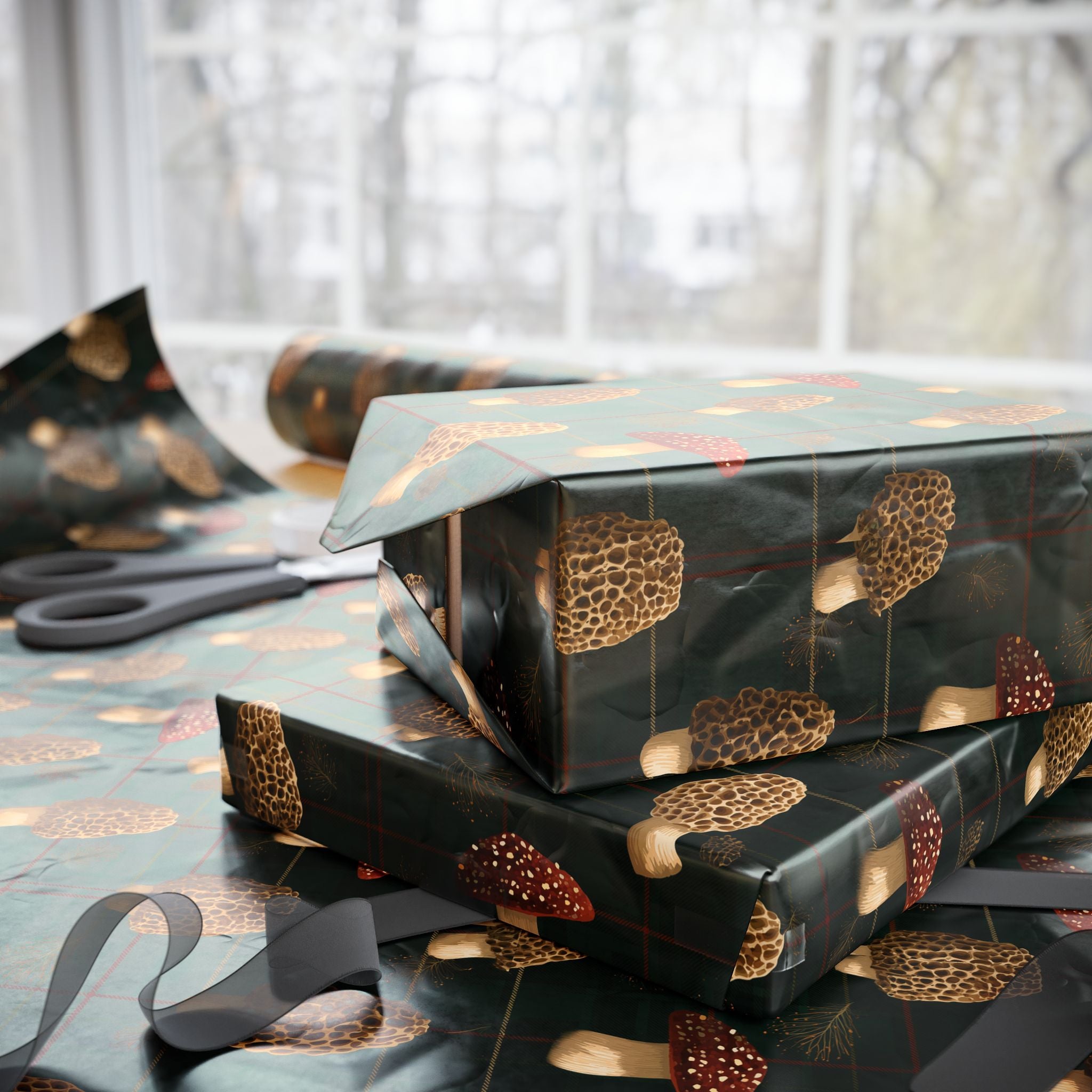 Christmas Plaid Morel & Woodland Mushroom Wrapping Paper | Native Morels™