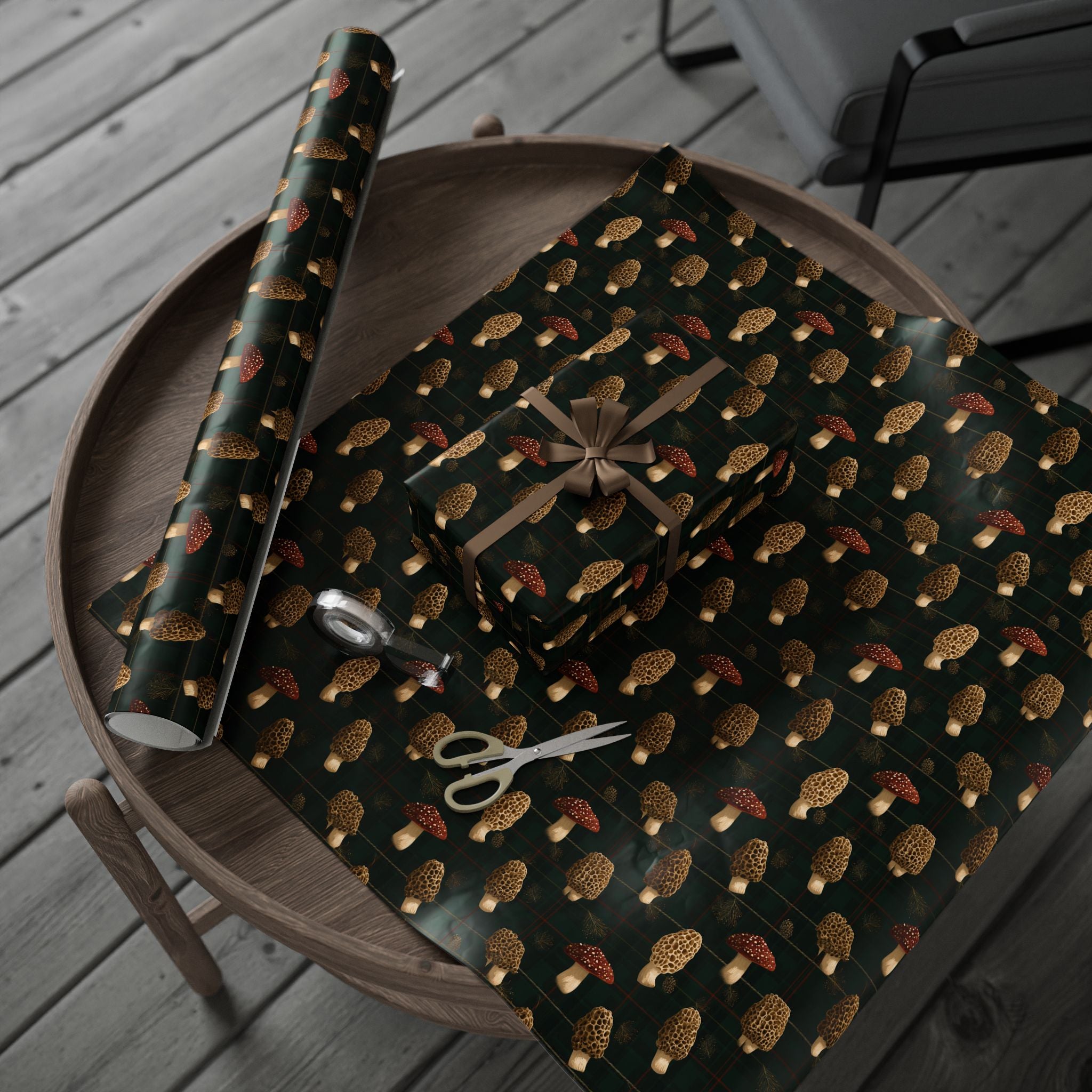 Christmas Plaid Morel & Woodland Mushroom Wrapping Paper | Native Morels™