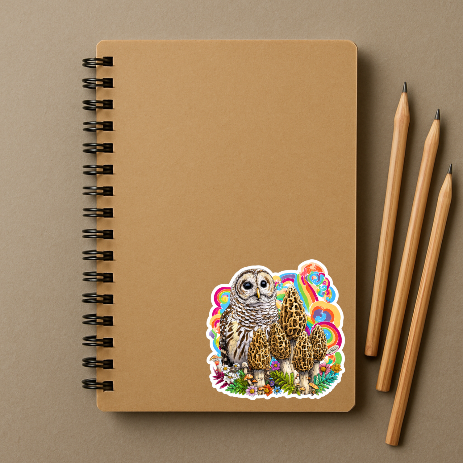 Notebook with an owl and mushroom design on a brown background