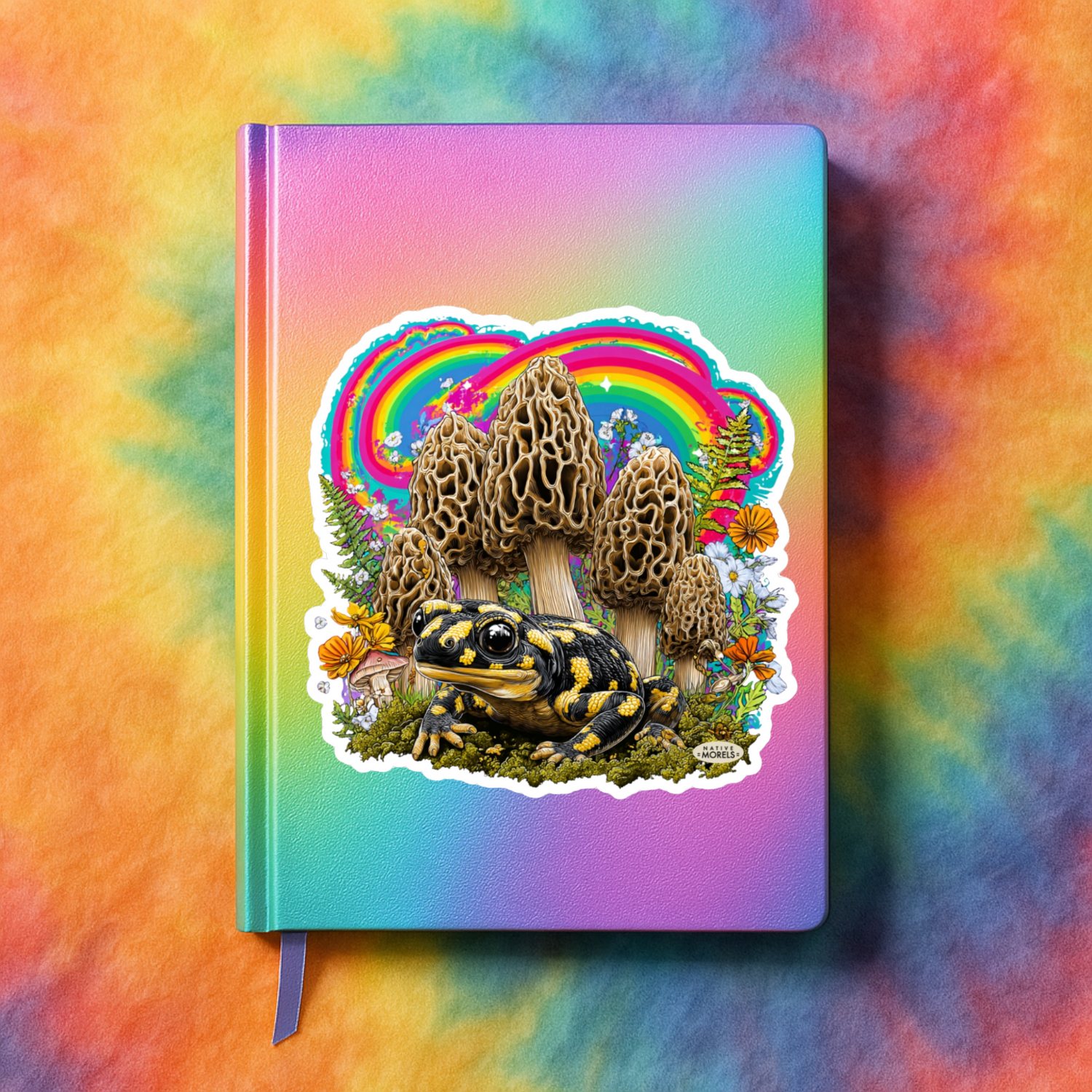 Notebook with a colorful design of mushrooms and a rainbow on a tie-dye background