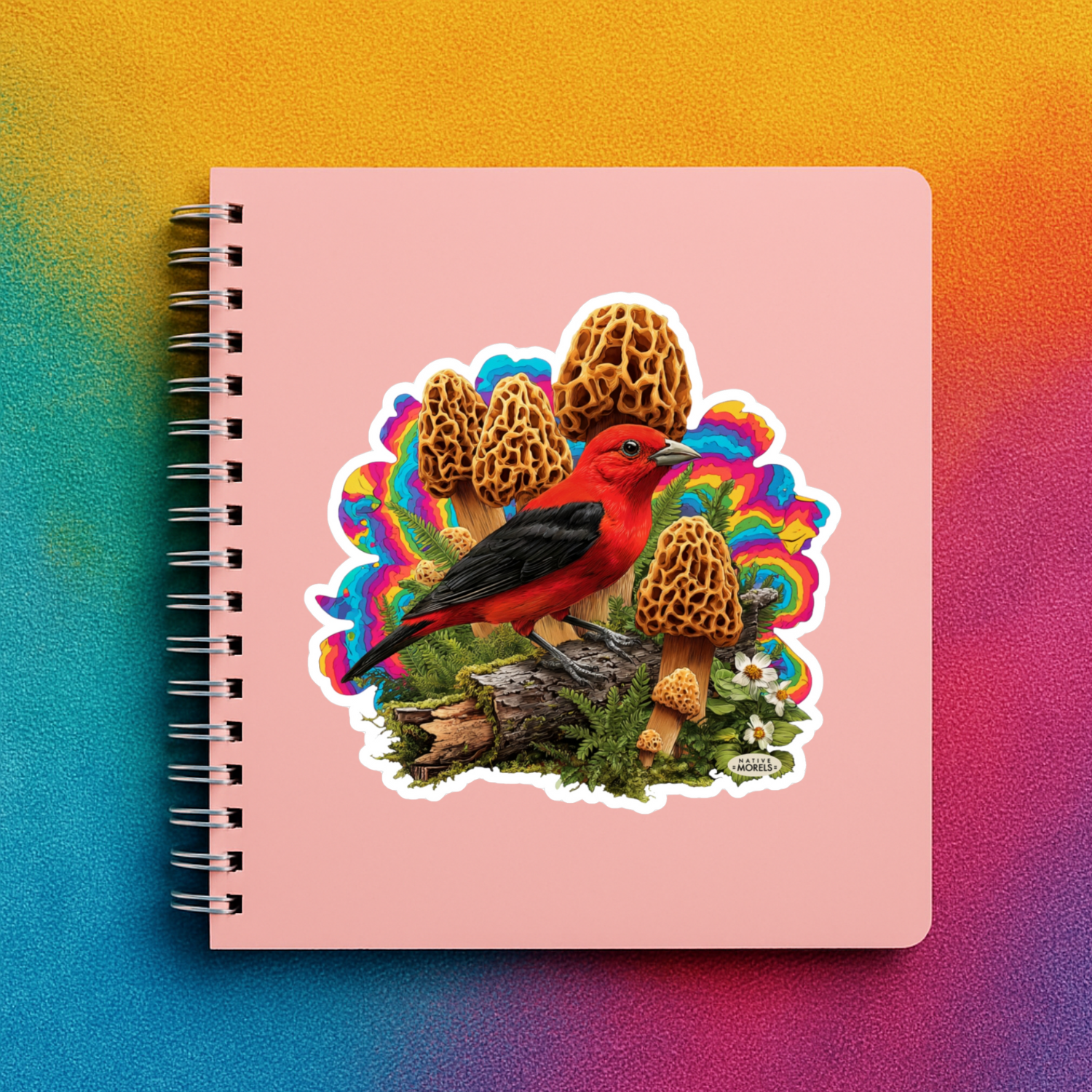 Notebook with a colorful illustration of a red bird and mushrooms on a gradient background