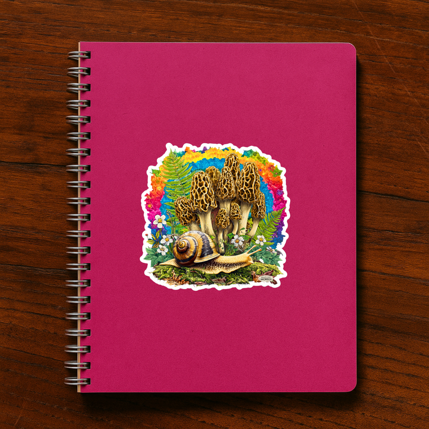 Pink notebook with a colorful forest design on a wooden surface