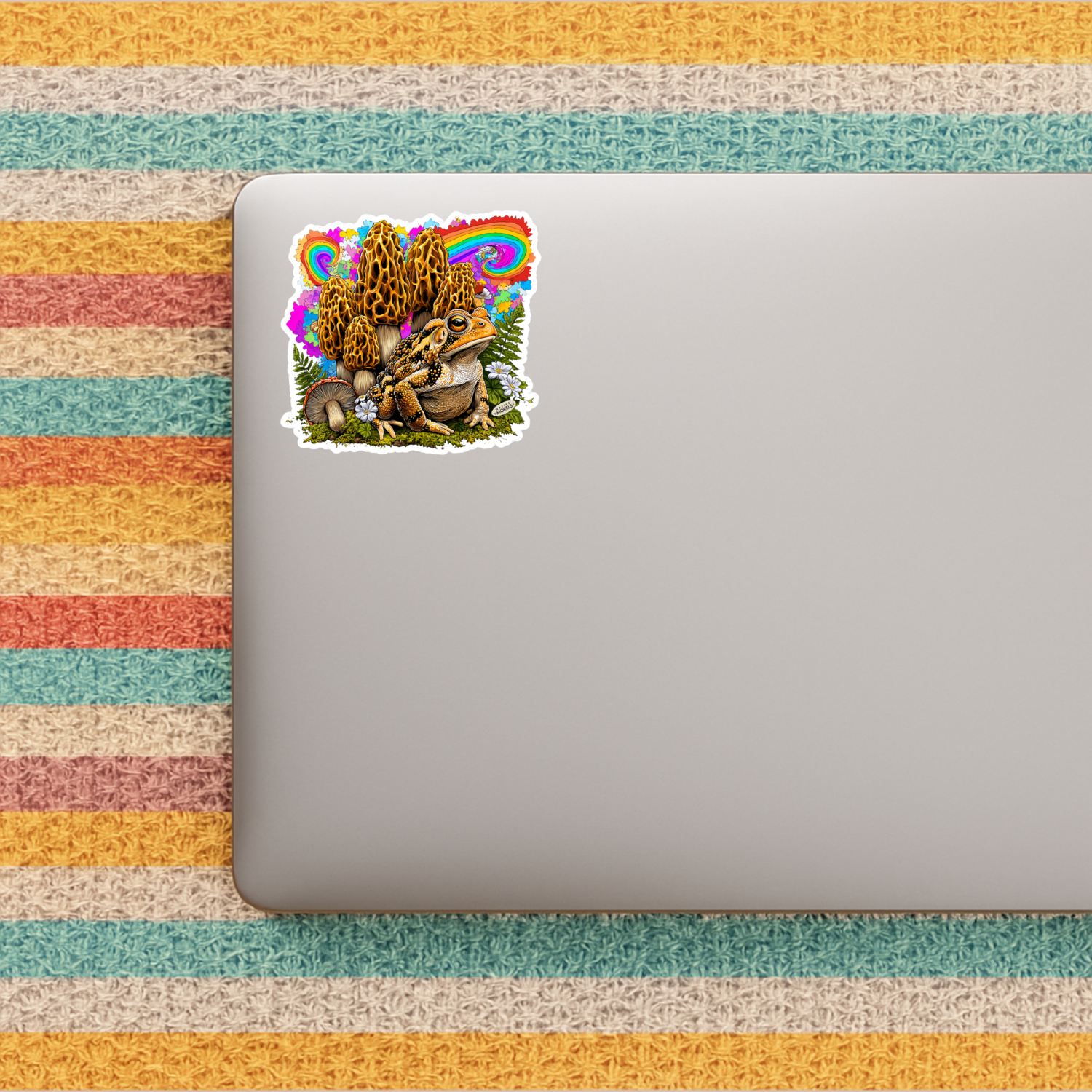 Laptop with a colorful mushroom sticker on a striped background