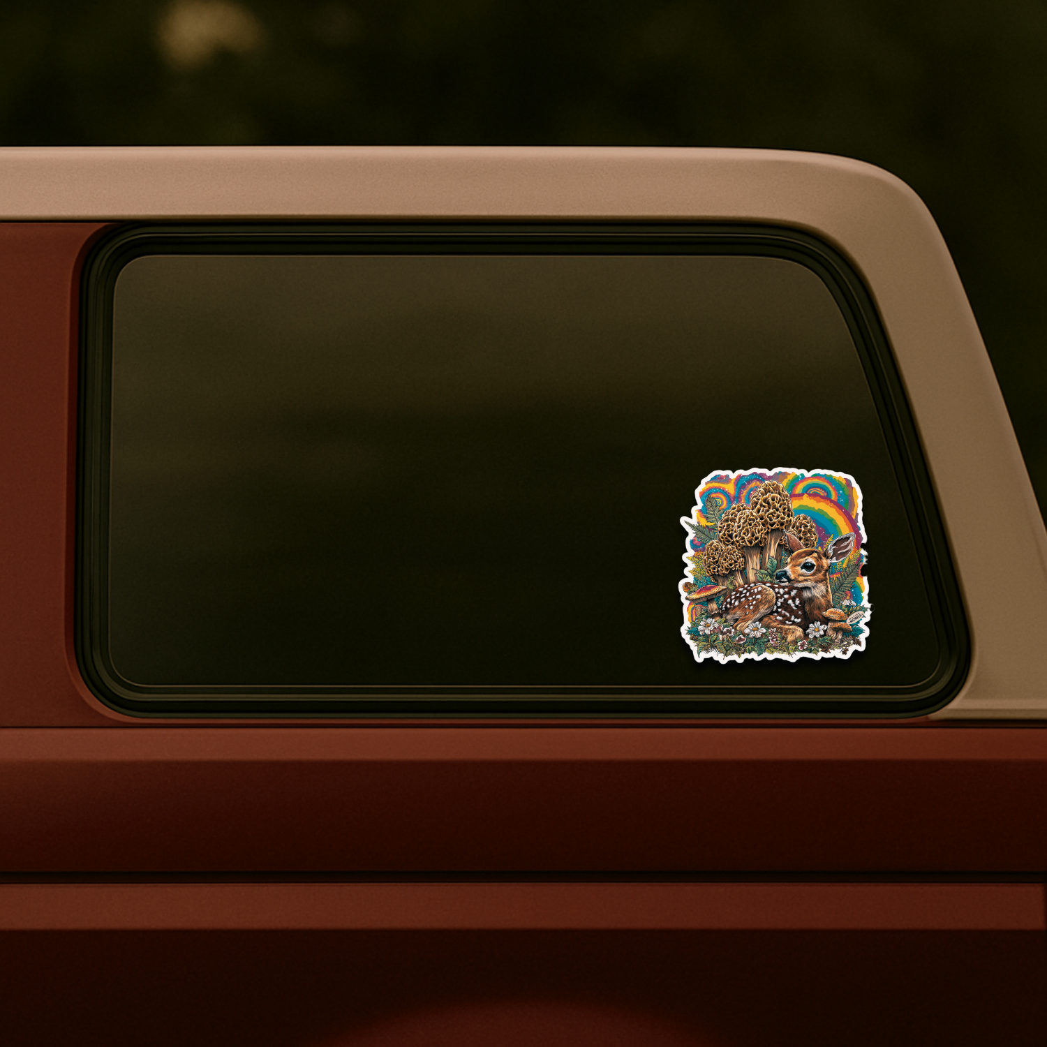 Sticker on a car window with a colorful design of a tree and rainbow.
