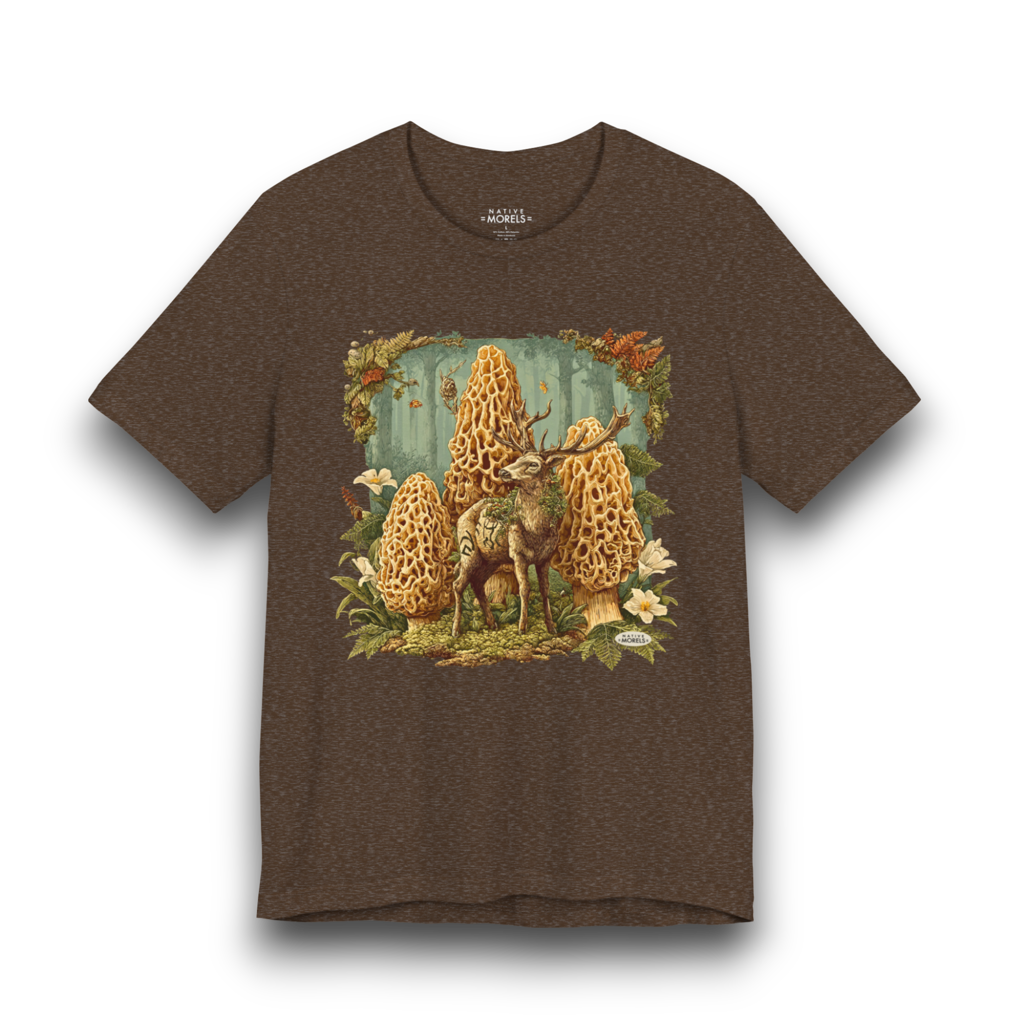 Brown t-shirt with a forest-themed graphic of a deer and mushrooms on a white background