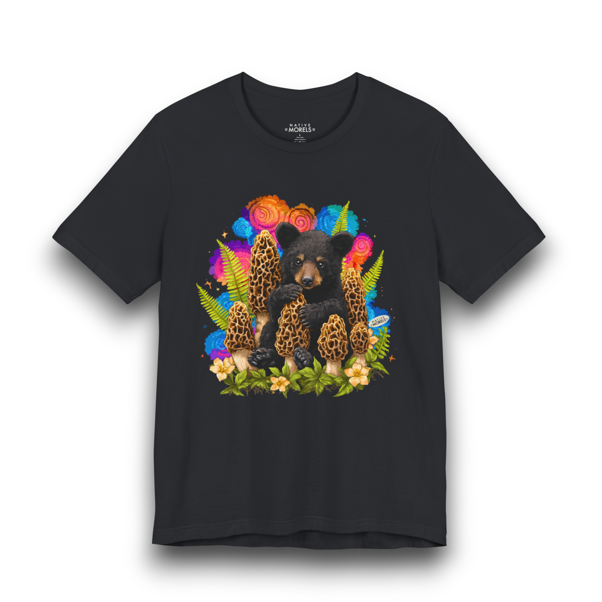 Black Bear Cub & Morels Groovy Forest Tee