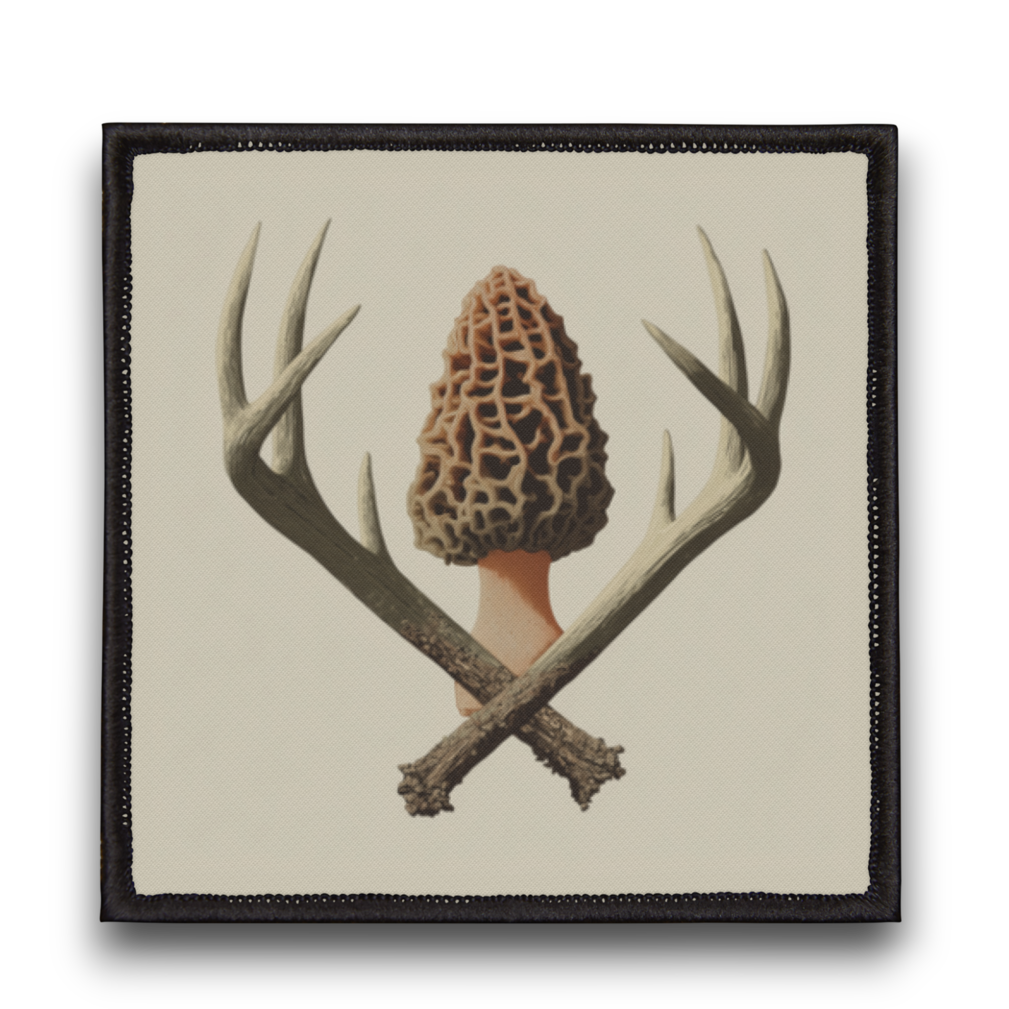 Patch with morel mushroom and crossed antlers on a beige background
