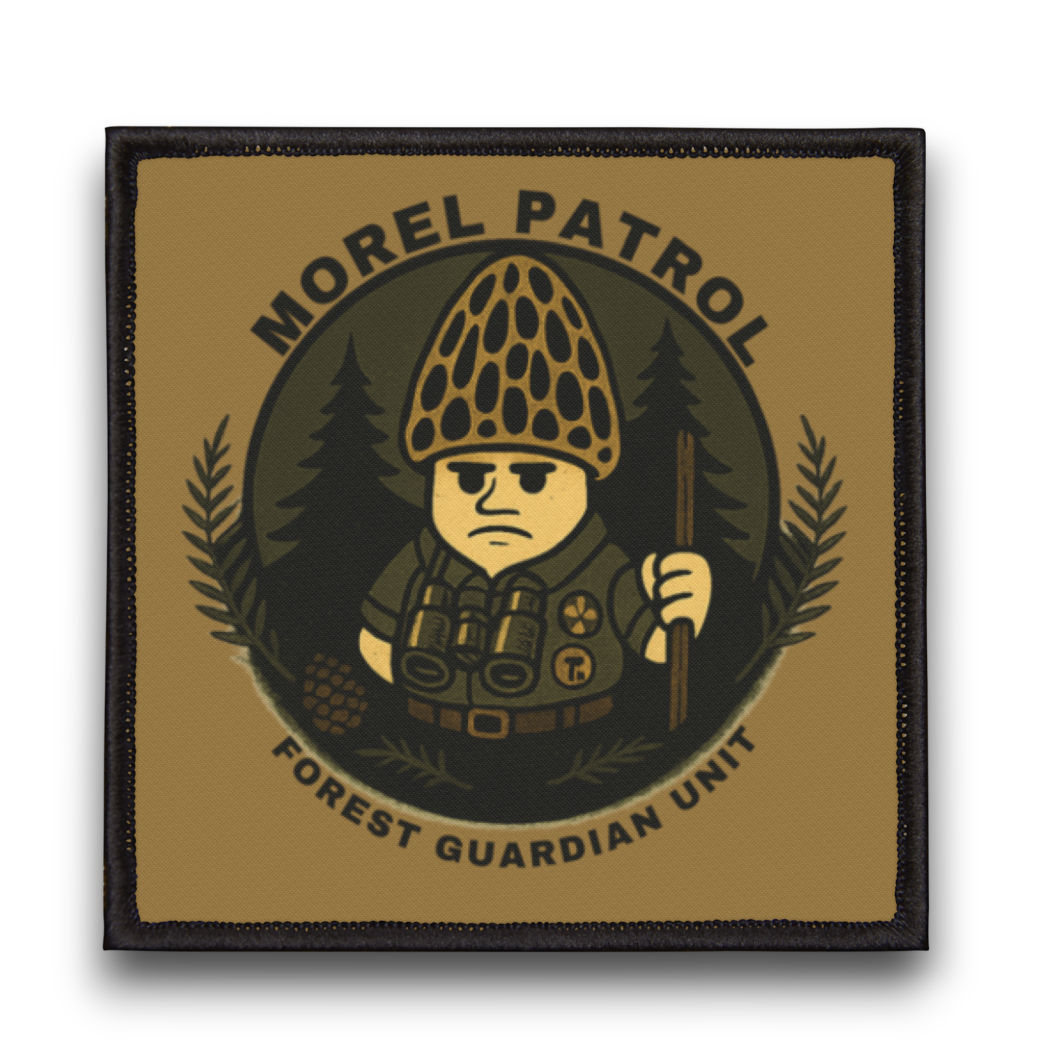 Patch with 'Morel Patrol Forest Guardian Unit' design on a brown background