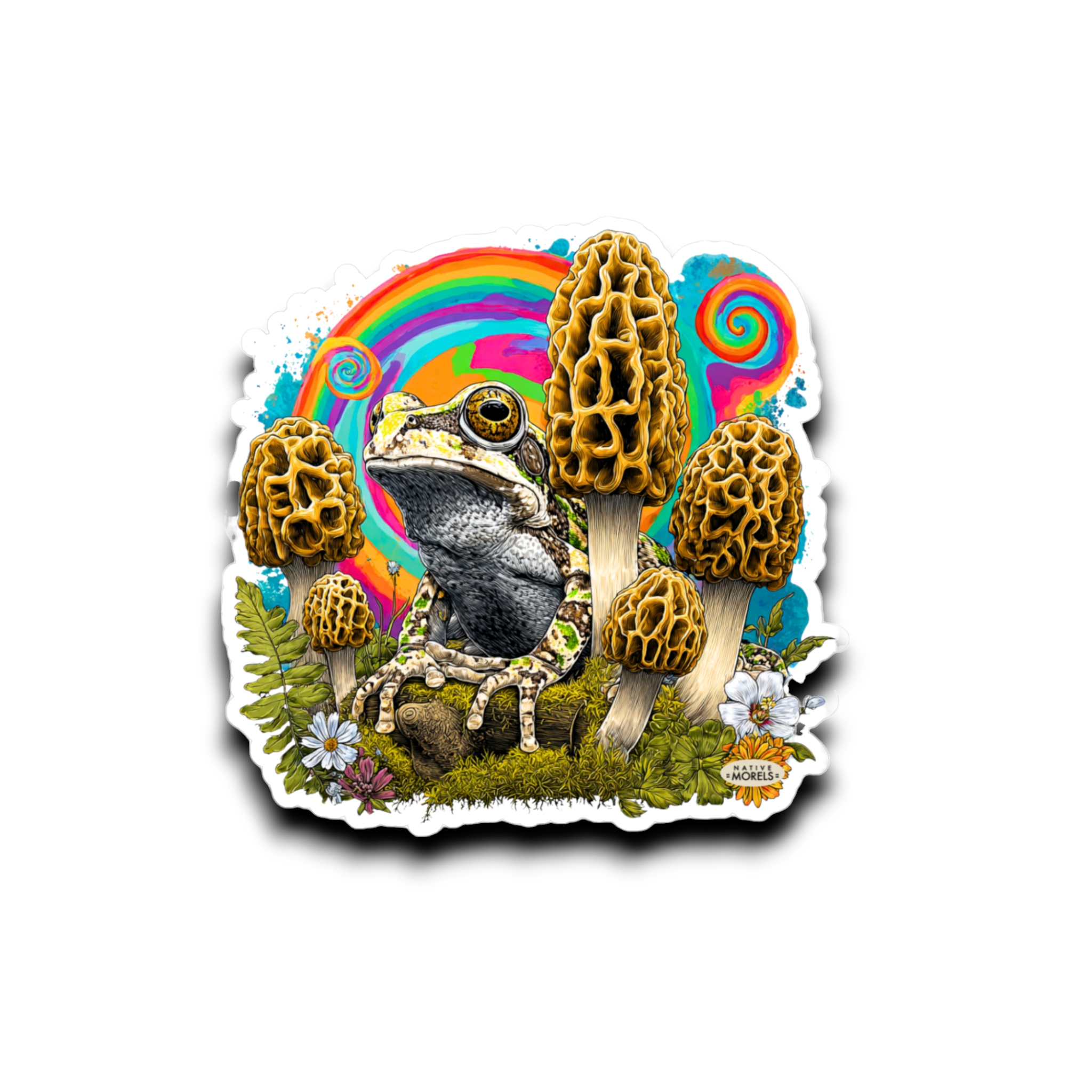 Frog surrounded by morel mushrooms with a rainbow and spiral design on a white background