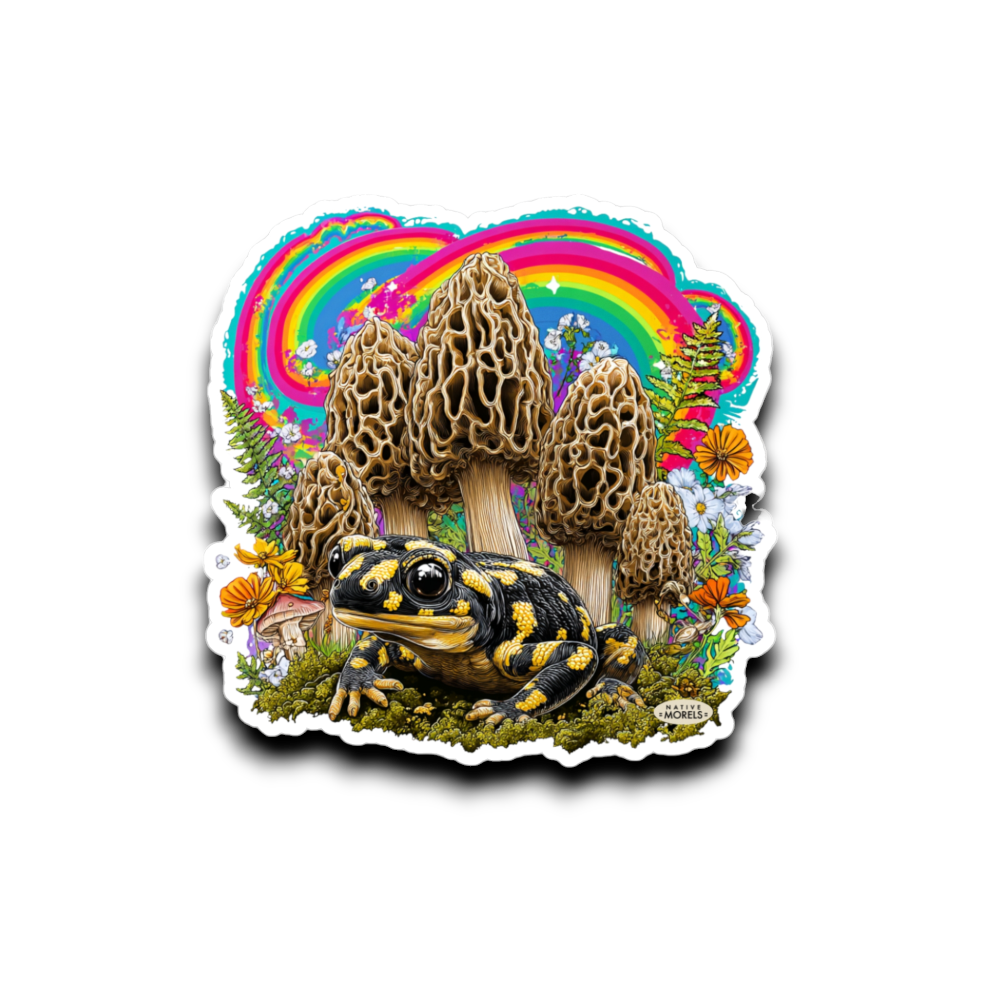 Sticker with a salamander, mushrooms, and rainbow on a white background