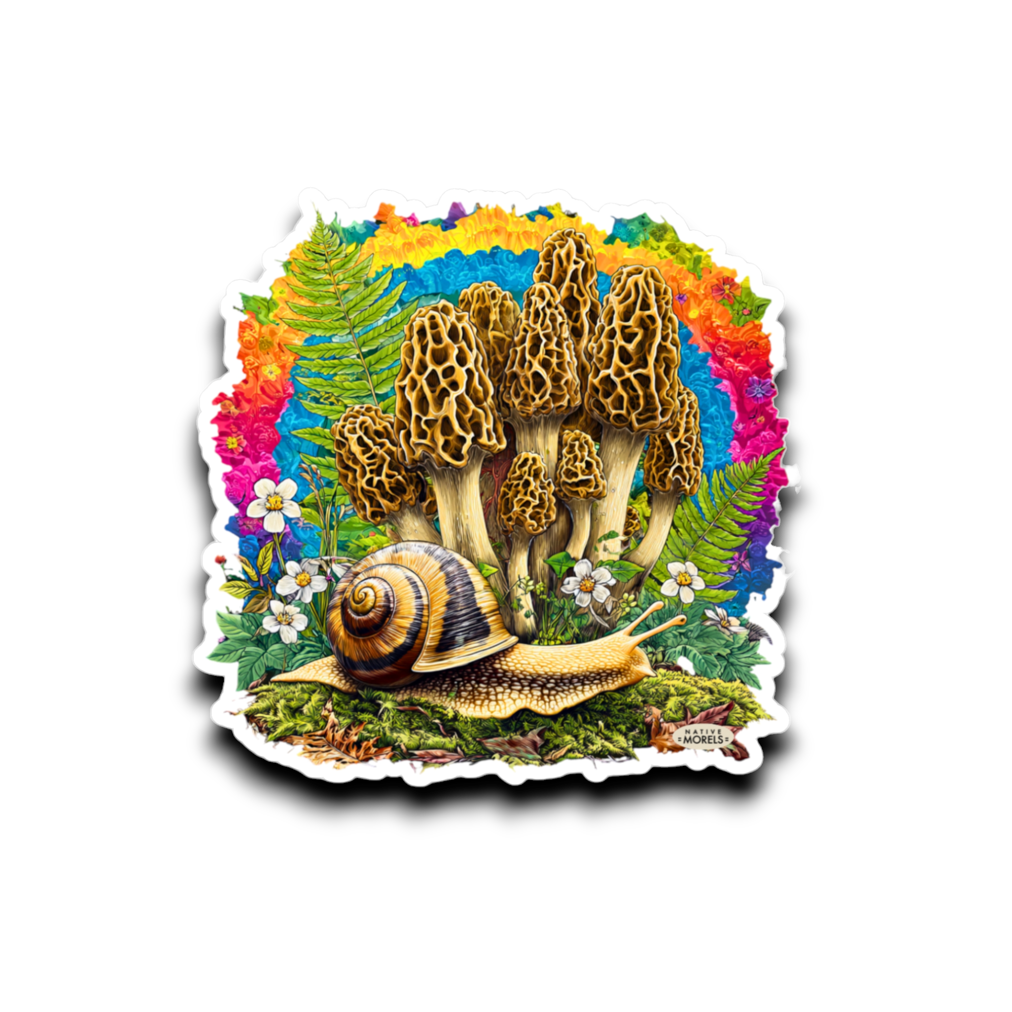 Colorful illustration of mushrooms and snails with a rainbow border on a white background
