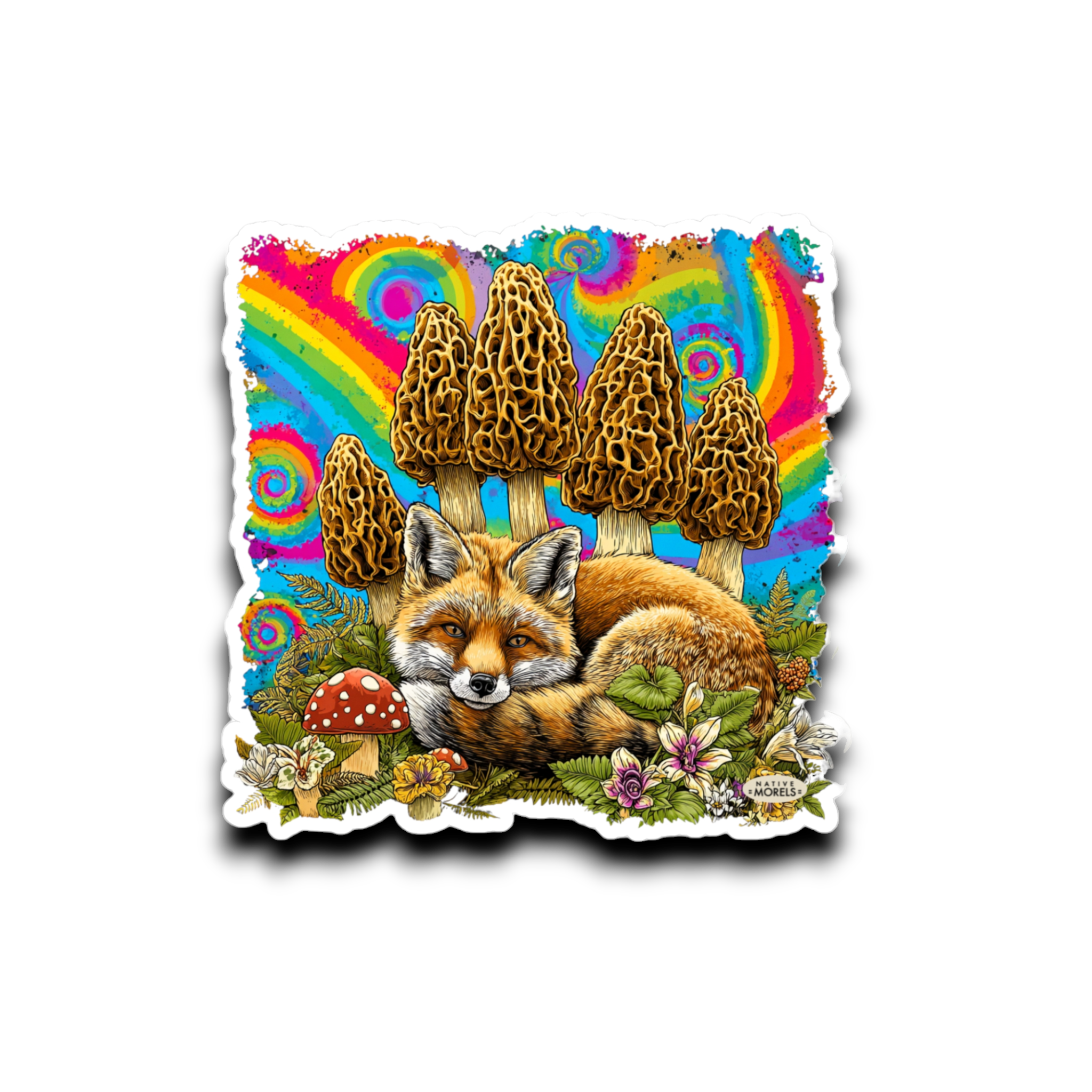 Sticker with a fox, mushrooms, and flowers on a colorful abstract background