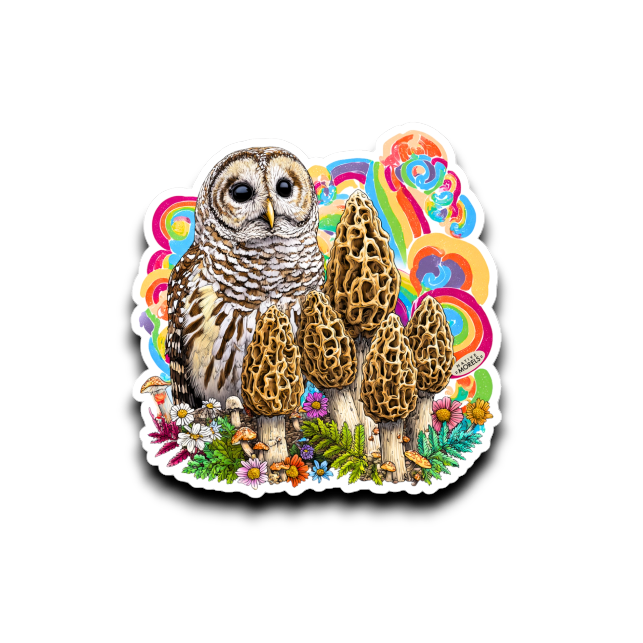 Sticker with an owl and mushrooms on a white background