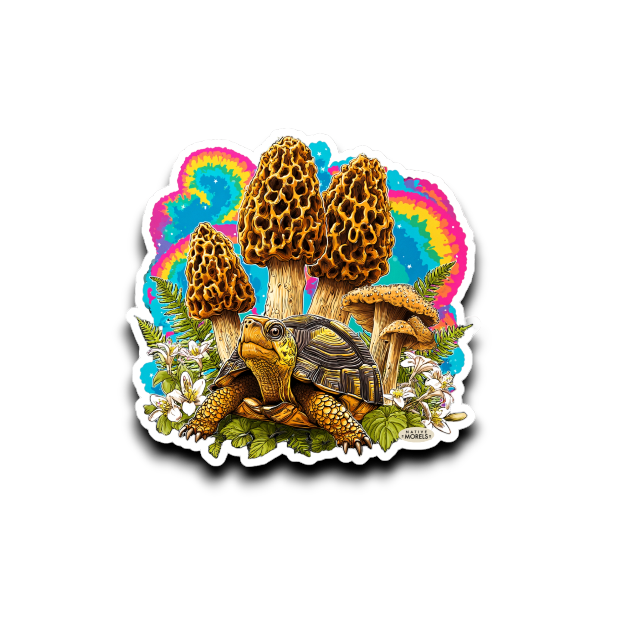 Sticker with a tortoise among mushrooms on a tie-dye background