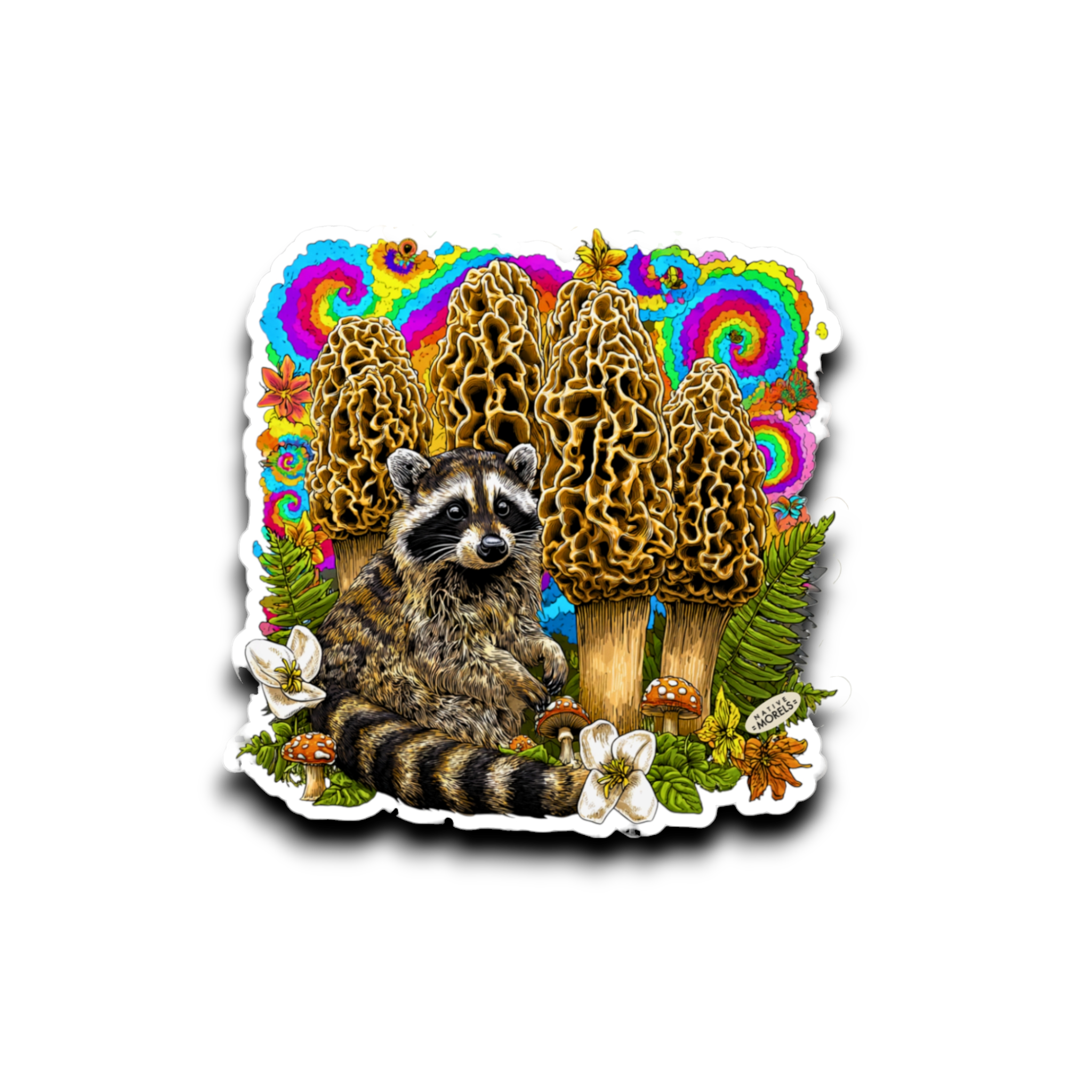 Sticker with a raccoon and mushrooms on a white background