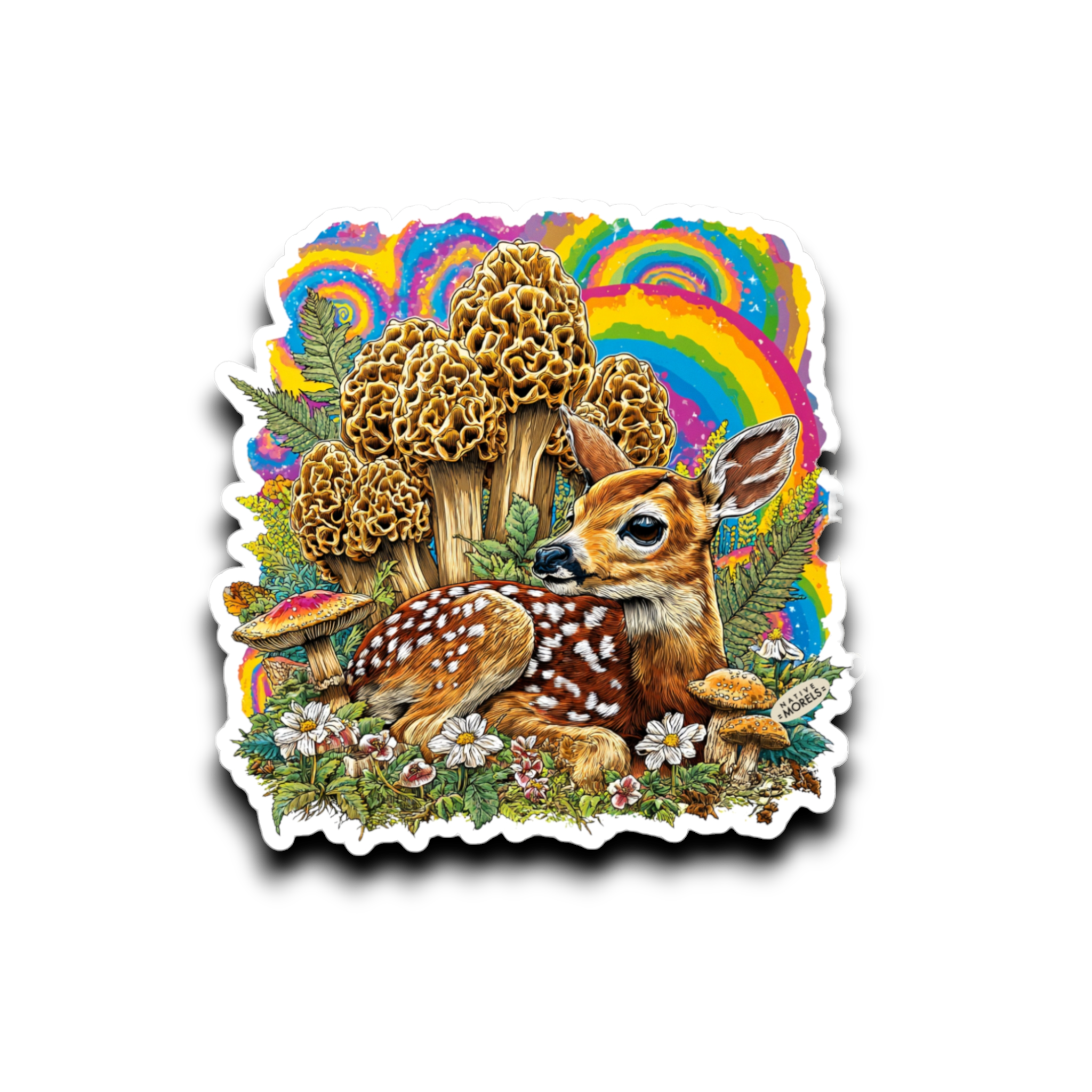 Sticker of a deer surrounded by mushrooms, flowers, and a rainbow on a white background
