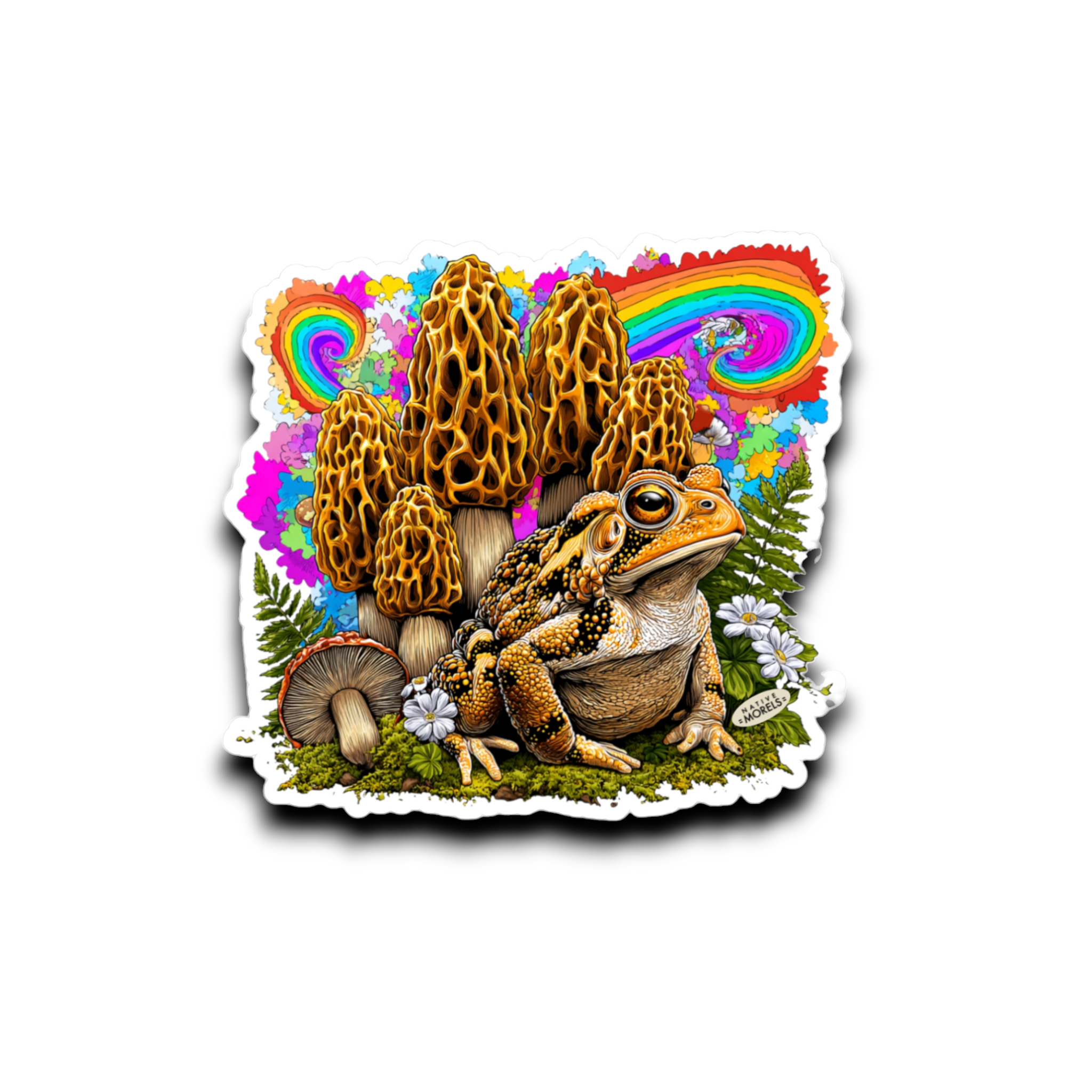 Colorful illustration of a frog among mushrooms with rainbows and flowers on a white background