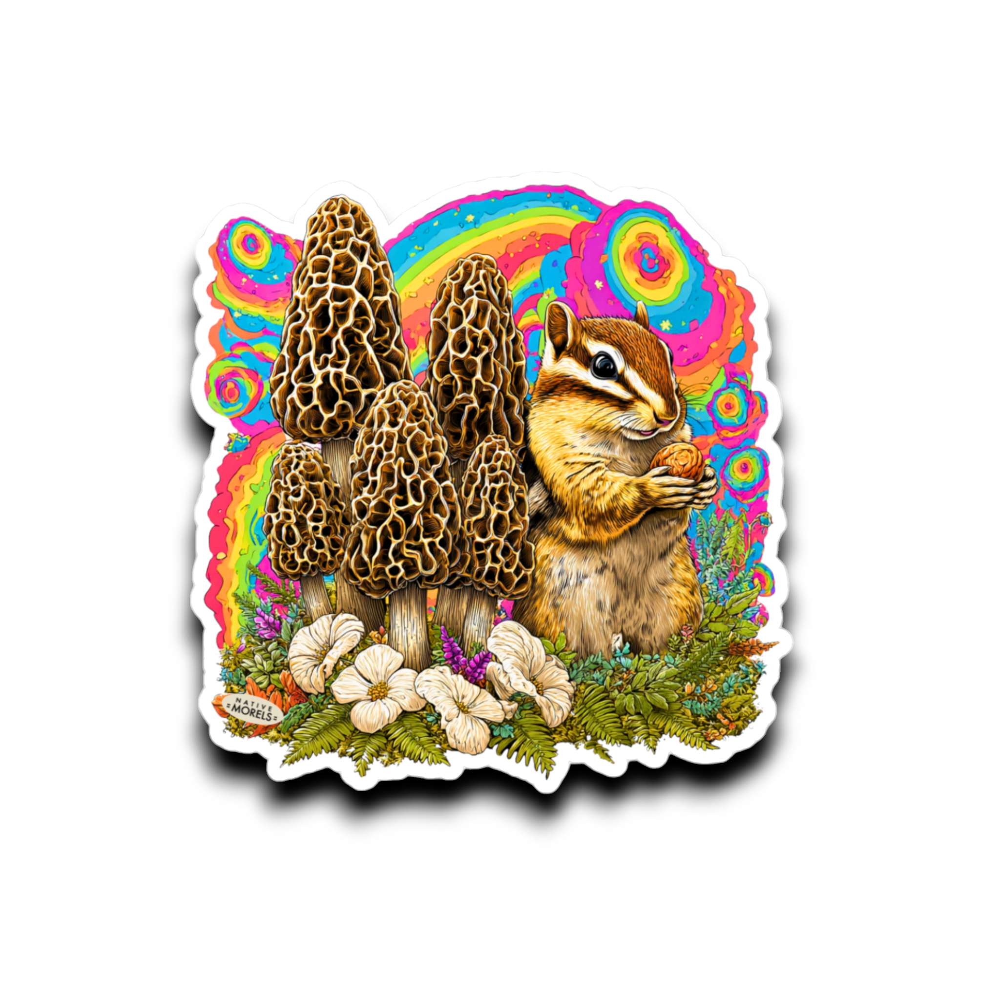 Sticker with a chipmunk, mushrooms, and flowers on a colorful background