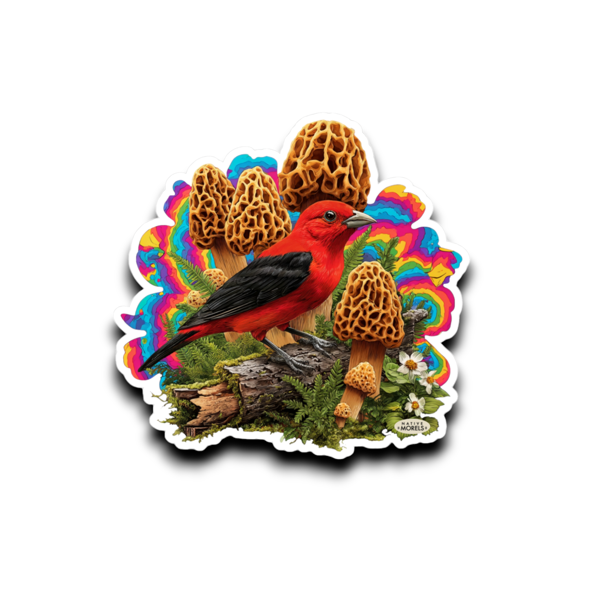 Sticker with a red bird, mushrooms, and rainbow design on a white background