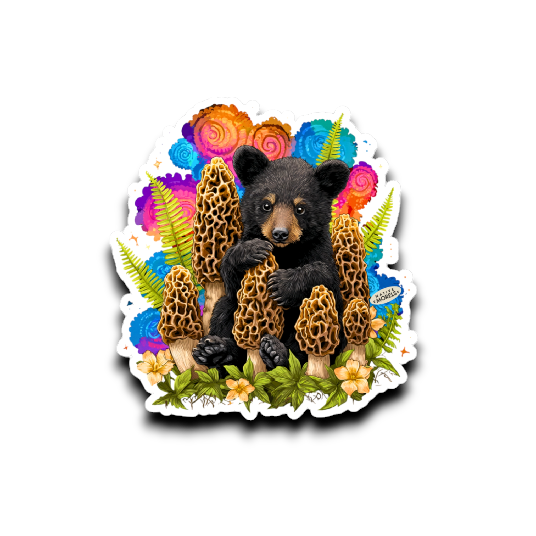 Sticker of a bear cub among colorful mushrooms and flowers on a white background