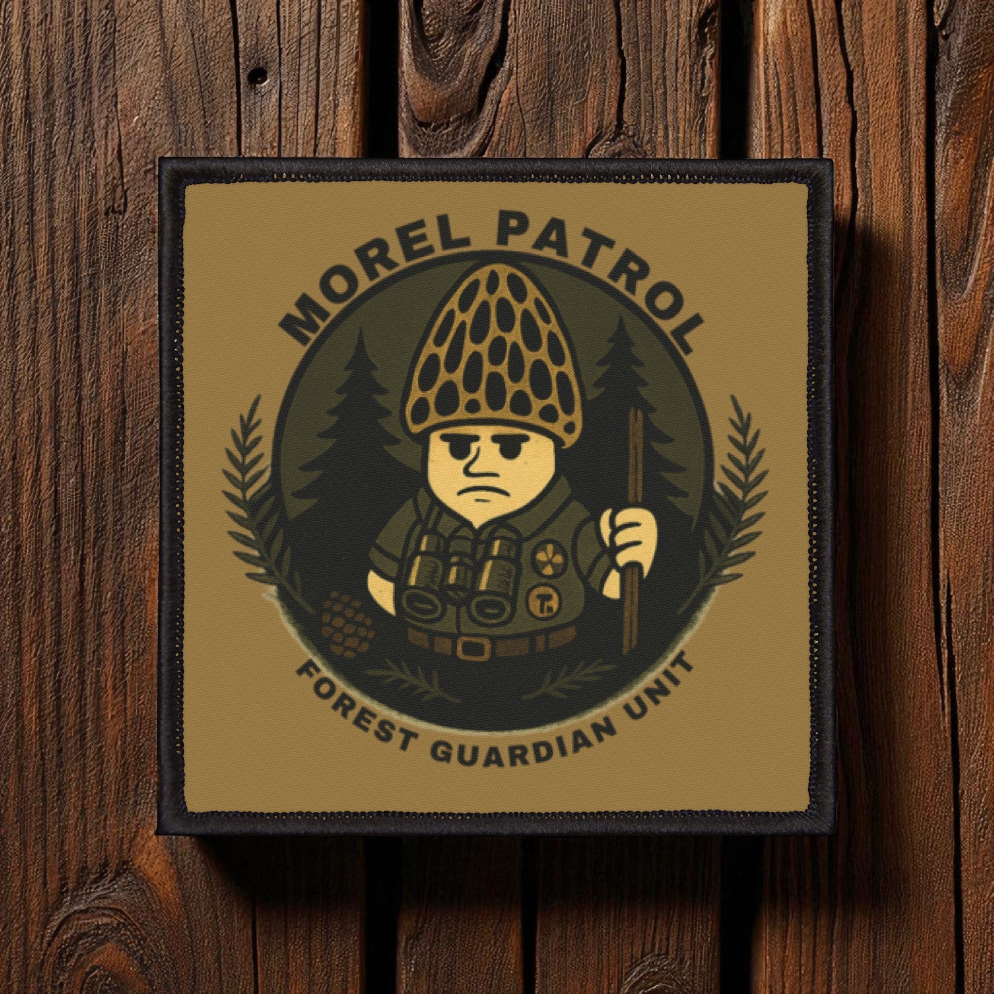 Patch with 'Morel Patrol Forest Guardian Unit' design on a wooden background